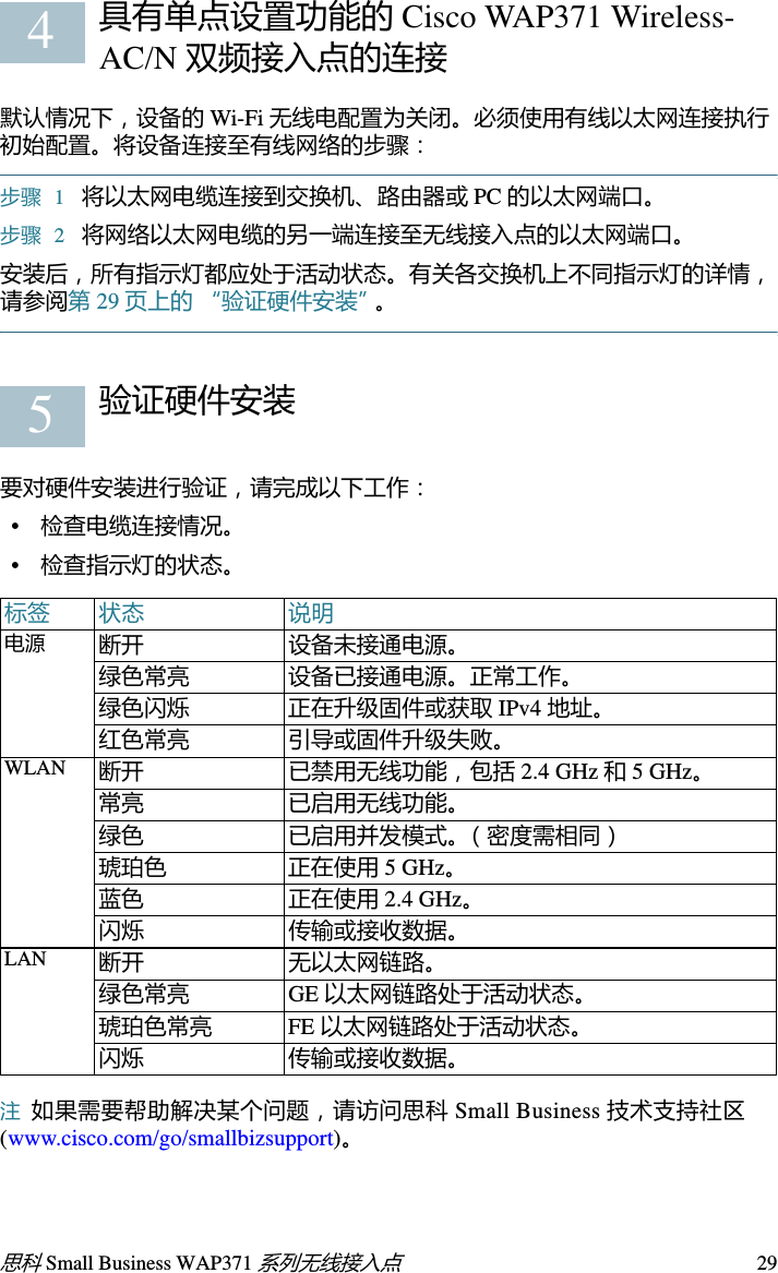 28思科 Small Business WAP371 系列无线接入点该安装套件的螺钉尺寸如下所示：警告 安装不牢可能会损坏设备或造成人身伤害。对于因壁挂式或吸顶式安装不牢靠而造成的损害，思科概不负责。将 Cisco WAP 371 设备安装到墙壁或天花板的步骤：步骤 1确定您要将设备挂在何处。确保表面光滑、平整、干燥且坚固。步骤 2对于 Cisco WAP 设备，在墙面或天花板表面钻两个间隔 2.75 英寸（70 毫米）的引导孔。步骤 3在每个孔内插入一颗螺钉，墙面或天花板面与螺钉头底座之间应留出空隙。步骤 4将支架的上部插槽套在螺钉上，适当地调整螺钉，然后向下滑动支架直至螺钉稳固卡入插槽。步骤 5以支架为样板，再钻取两个用于下部螺钉的孔。步骤 6在每个下部孔内都插入一颗螺钉。步骤 7将 WAP 设备滑入支架，通过支架背面的活动卡扣放置电缆。17.8 到 8.3 毫米（0.31 到 0.33 英寸）221.8 到 22.3 毫米（0.86 到 0.88 英寸）35.5 到 6.0 毫米（0.22 到 0.24 英寸）417.5 到 18.2 毫米（0.69 到 0.72 英寸）1243196243