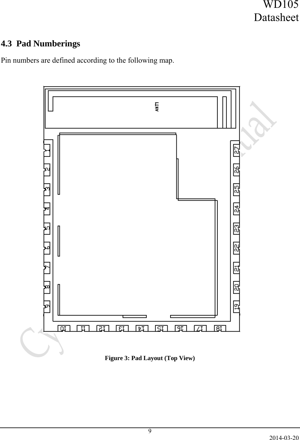 WD105 Datasheet   2014-03-20 9  4.3  Pad Numberings  Pin numbers are defined according to the following map.                                      Figure 3: Pad Layout (Top View)    