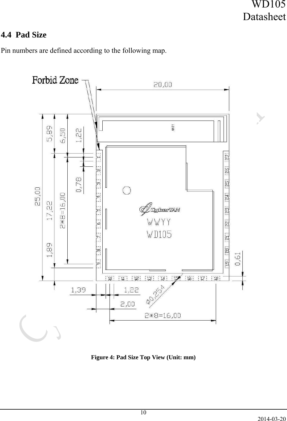 WD105 Datasheet   2014-03-20 10  4.4  Pad Size  Pin numbers are defined according to the following map.                                         Figure 4: Pad Size Top View (Unit: mm)    