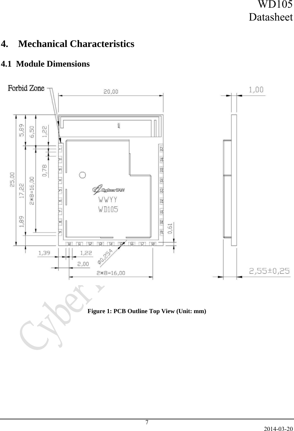 WD105 Datasheet   2014-03-20 7 4.    Mechanical Characteristics  4.1  Module Dimensions     Figure 1: PCB Outline Top View (Unit: mm)     