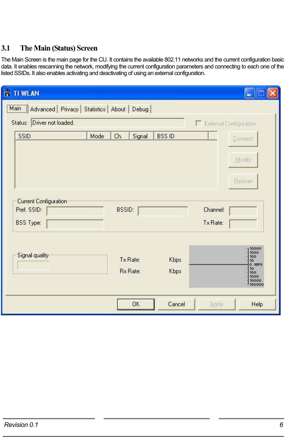     3.1  The Main (Status) Screen The Main Screen is the main page for the CU. It contains the available 802.11 networks and the current configuration basic data. It enables rescanning the network, modifying the current configuration parameters and connecting to each one of the listed SSIDs. It also enables activating and deactivating of using an external configuration.   Revision 0.1  6     