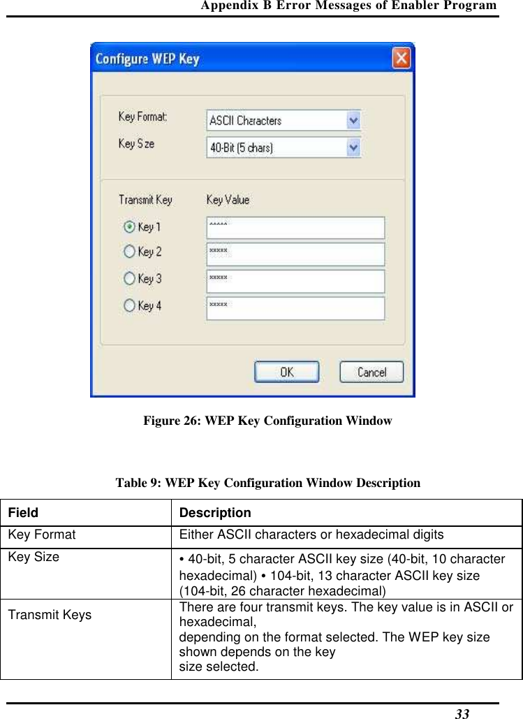 Appendix B Error Messages of Enabler Program   33  Figure 26: WEP Key Configuration Window  Table 9: WEP Key Configuration Window Description Field  Description  Key Format   Either ASCII characters or hexadecimal digits  Key Size  • 40-bit, 5 character ASCII key size (40-bit, 10 character hexadecimal) • 104-bit, 13 character ASCII key size (104-bit, 26 character hexadecimal)  Transmit Keys   There are four transmit keys. The key value is in ASCII or hexadecimal,   depending on the format selected. The WEP key size shown depends on the key   size selected.  