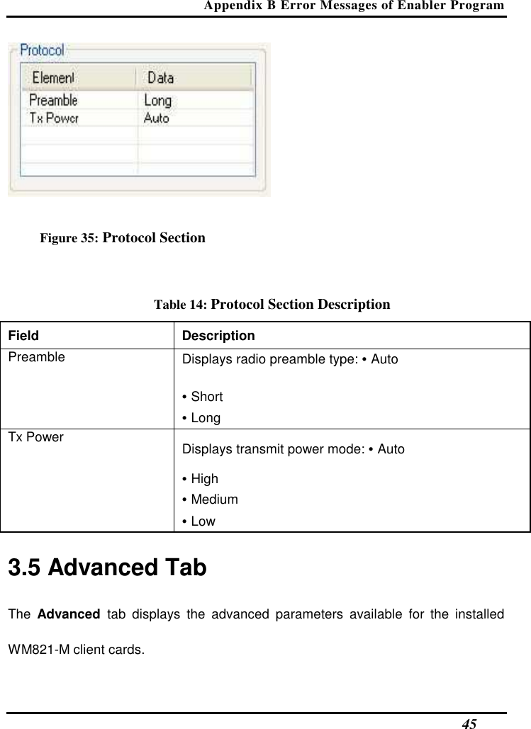 Appendix B Error Messages of Enabler Program   45  Figure 35: Protocol Section  Table 14: Protocol Section Description Field  Description  Preamble   Displays radio preamble type: • Auto   • Short   • Long  Tx Power   Displays transmit power mode: • Auto   • High   • Medium   • Low   3.5 Advanced Tab  The  Advanced  tab  displays  the  advanced  parameters  available  for  the  installed WM821-M client cards.  