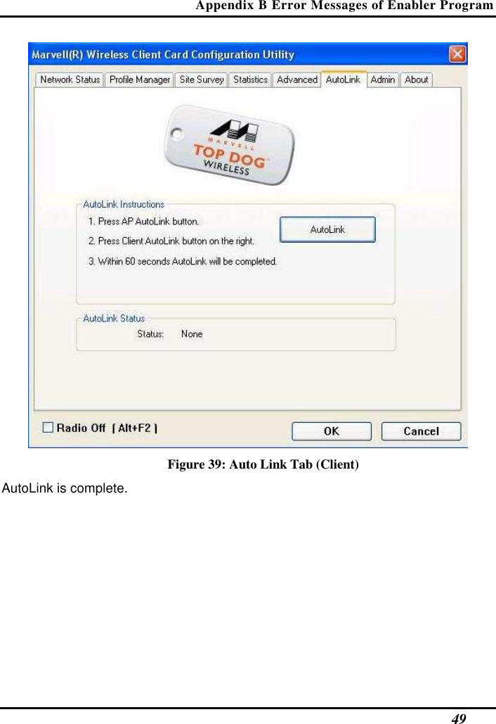 Appendix B Error Messages of Enabler Program   49  Figure 39: Auto Link Tab (Client) AutoLink is complete.   