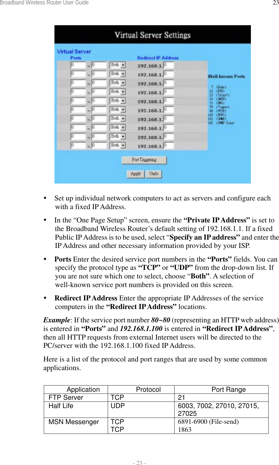 Broadband Wireless Router User Guide  - 23 - 23   Set up individual network computers to act as servers and configure each with a fixed IP Address.  In the “One Page Setup” screen, ensure the “Private IP Address” is set to the Broadband Wireless Router’s default setting of 192.168.1.1. If a fixed Public IP Address is to be used, select “Specify an IP address” and enter the IP Address and other necessary information provided by your ISP.  Ports Enter the desired service port numbers in the “Ports” fields. You can specify the protocol type as “TCP” or “UDP” from the drop-down list. If you are not sure which one to select, choose “Both”. A selection of well-known service port numbers is provided on this screen.  Redirect IP Address Enter the appropriate IP Addresses of the service computers in the “Redirect IP Address” locations. Example: If the service port number 80~80 (representing an HTTP web address) is entered in “Ports” and 192.168.1.100 is entered in “Redirect IP Address”, then all HTTP requests from external Internet users will be directed to the PC/server with the 192.168.1.100 fixed IP Address. Here is a list of the protocol and port ranges that are used by some common applications.  Application Protocol  Port Range FTP Server  TCP  21 Half Life  UDP  6003, 7002, 27010, 27015, 27025 MSN Messenger  TCP TCP  6891-6900 (File-send) 1863