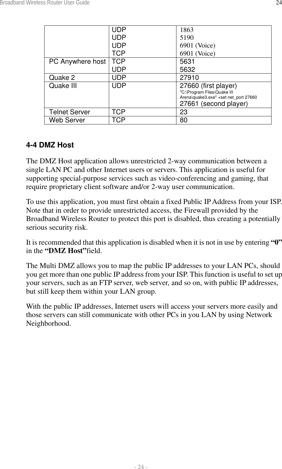 Broadband Wireless Router User Guide  - 24 - 24UDP UDP UDP TCP 1863 5190 6901 (Voice) 6901 (Voice) PC Anywhere host  TCP UDP  5631 5632 Quake 2  UDP  27910 Quake III  UDP  27660 (first player) &quot;C:\Program Files\Quake III Arena\quake3.exe&quot; +set net_port 27660  27661 (second player) Telnet Server  TCP  23 Web Server  TCP  80  4-4 DMZ Host The DMZ Host application allows unrestricted 2-way communication between a single LAN PC and other Internet users or servers. This application is useful for supporting special-purpose services such as video-conferencing and gaming, that require proprietary client software and/or 2-way user communication.  To use this application, you must first obtain a fixed Public IP Address from your ISP. Note that in order to provide unrestricted access, the Firewall provided by the Broadband Wireless Router to protect this port is disabled, thus creating a potentially serious security risk.  It is recommended that this application is disabled when it is not in use by entering “0” in the “DMZ Host”field. The Multi DMZ allows you to map the public IP addresses to your LAN PCs, should you get more than one public IP address from your ISP. This function is useful to set up your servers, such as an FTP server, web server, and so on, with public IP addresses, but still keep them within your LAN group.  With the public IP addresses, Internet users will access your servers more easily and those servers can still communicate with other PCs in you LAN by using Network Neighborhood. 