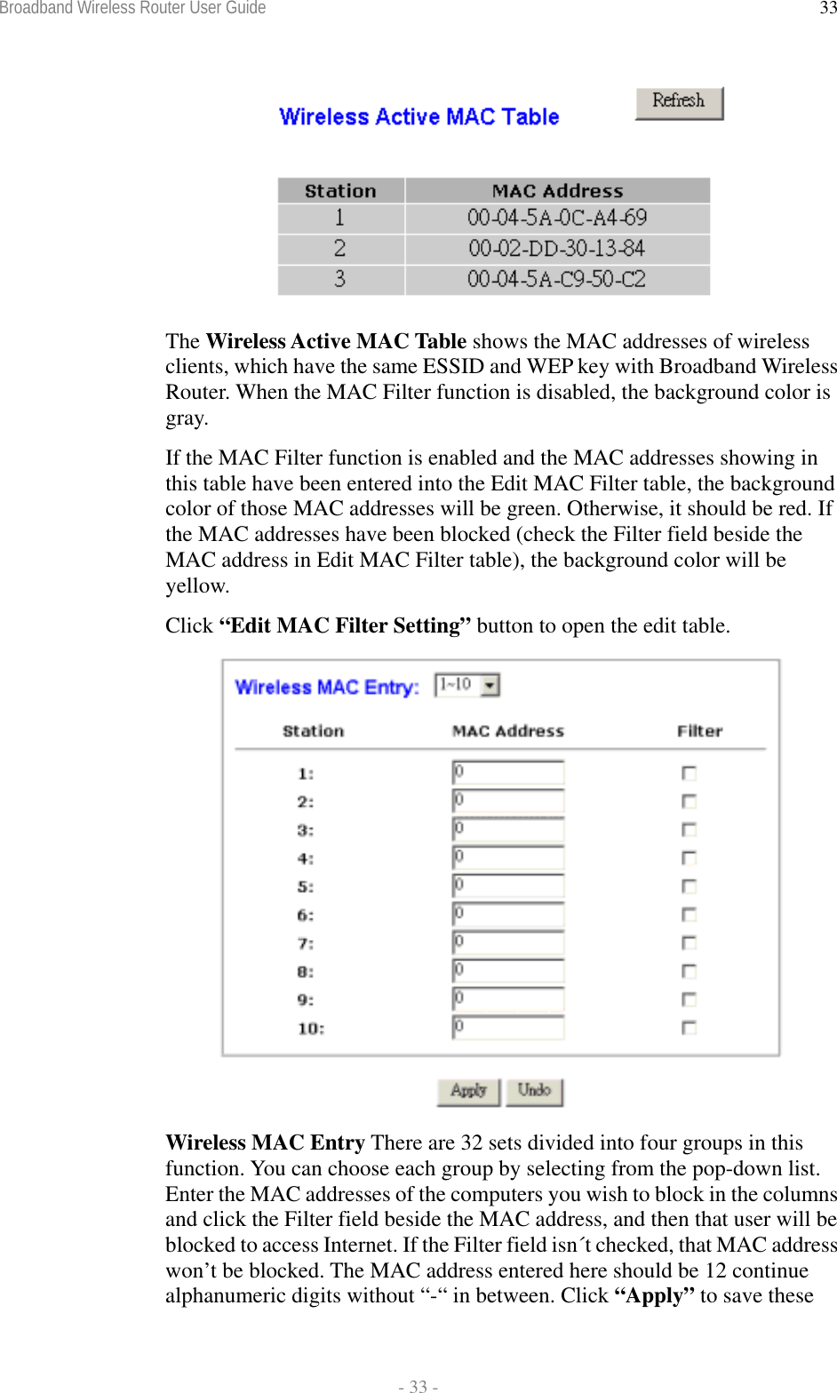 Broadband Wireless Router User Guide  - 33 - 33 The Wireless Active MAC Table shows the MAC addresses of wireless clients, which have the same ESSID and WEP key with Broadband Wireless Router. When the MAC Filter function is disabled, the background color is gray.  If the MAC Filter function is enabled and the MAC addresses showing in this table have been entered into the Edit MAC Filter table, the background color of those MAC addresses will be green. Otherwise, it should be red. If the MAC addresses have been blocked (check the Filter field beside the MAC address in Edit MAC Filter table), the background color will be yellow. Click “Edit MAC Filter Setting” button to open the edit table.   Wireless MAC Entry There are 32 sets divided into four groups in this function. You can choose each group by selecting from the pop-down list. Enter the MAC addresses of the computers you wish to block in the columns and click the Filter field beside the MAC address, and then that user will be blocked to access Internet. If the Filter field isn´t checked, that MAC address won’t be blocked. The MAC address entered here should be 12 continue alphanumeric digits without “-“ in between. Click “Apply” to save these 