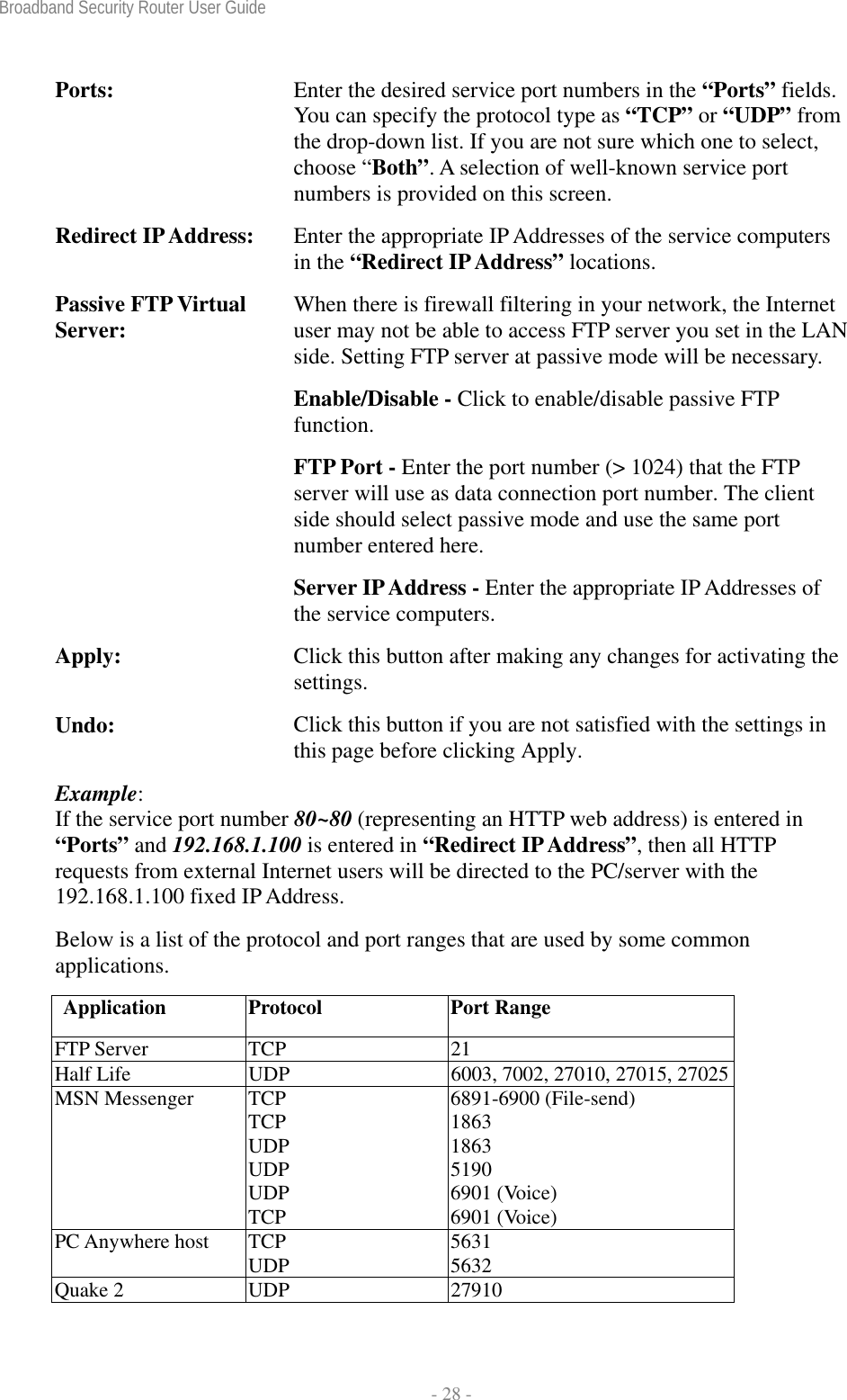 Broadband Security Router User Guide  - 28 - Ports:  Enter the desired service port numbers in the “Ports” fields. You can specify the protocol type as “TCP” or “UDP” from the drop-down list. If you are not sure which one to select, choose “Both”. A selection of well-known service port numbers is provided on this screen. Redirect IP Address:  Enter the appropriate IP Addresses of the service computers in the “Redirect IP Address” locations. Passive FTP Virtual Server:  When there is firewall filtering in your network, the Internet user may not be able to access FTP server you set in the LAN side. Setting FTP server at passive mode will be necessary. Enable/Disable - Click to enable/disable passive FTP function. FTP Port - Enter the port number (&gt; 1024) that the FTP server will use as data connection port number. The client side should select passive mode and use the same port number entered here. Server IP Address - Enter the appropriate IP Addresses of the service computers. Apply:  Click this button after making any changes for activating the settings. Undo:  Click this button if you are not satisfied with the settings in this page before clicking Apply. Example:  If the service port number 80~80 (representing an HTTP web address) is entered in “Ports” and 192.168.1.100 is entered in “Redirect IP Address”, then all HTTP requests from external Internet users will be directed to the PC/server with the 192.168.1.100 fixed IP Address. Below is a list of the protocol and port ranges that are used by some common applications. Application Protocol  Port Range FTP Server  TCP  21 Half Life  UDP  6003, 7002, 27010, 27015, 27025 MSN Messenger  TCP TCP UDP UDP UDP TCP 6891-6900 (File-send) 1863 1863 5190 6901 (Voice) 6901 (Voice) PC Anywhere host  TCP UDP  5631 5632 Quake 2  UDP  27910 