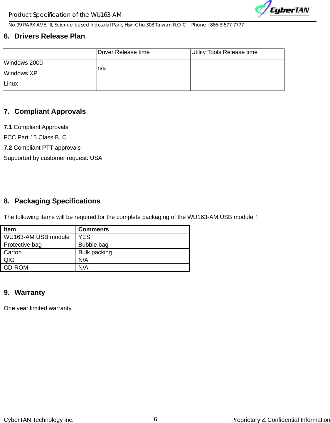 Product Specification of the WU163-AM No.99 PARK AVE. III, Science-based Industrial Park, Hsin-Chu 308 Taiwan R.O.C    Phone : 886-3-577-7777 CyberTAN Technology inc.              Proprietary &amp; Confidential Information6 6. Drivers Release Plan   Driver Release time  Utility Tools Release time Windows 2000   Windows XP  n/a  Linux     7. Compliant Approvals 7.1 Compliant Approvals FCC Part 15 Class B, C 7.2 Compliant PTT approvals Supported by customer request: USA    8. Packaging Specifications The following items will be required for the complete packaging of the WU163-AM USB module： Item Comments WU163-AM USB module    YES Protective bag  Bubble bag Carton Bulk packing QIG N/A CD-ROM N/A  9. Warranty One year limited warranty. 