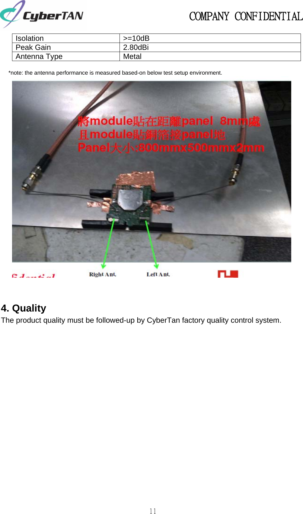                                                   COMPANY CONFIDENTIAL             11 Isolation &gt;=10dB Peak Gain  2.80dBi Antenna Type  Metal        *note: the antenna performance is measured based-on below test setup environment.    4. Quality The product quality must be followed-up by CyberTan factory quality control system.   
