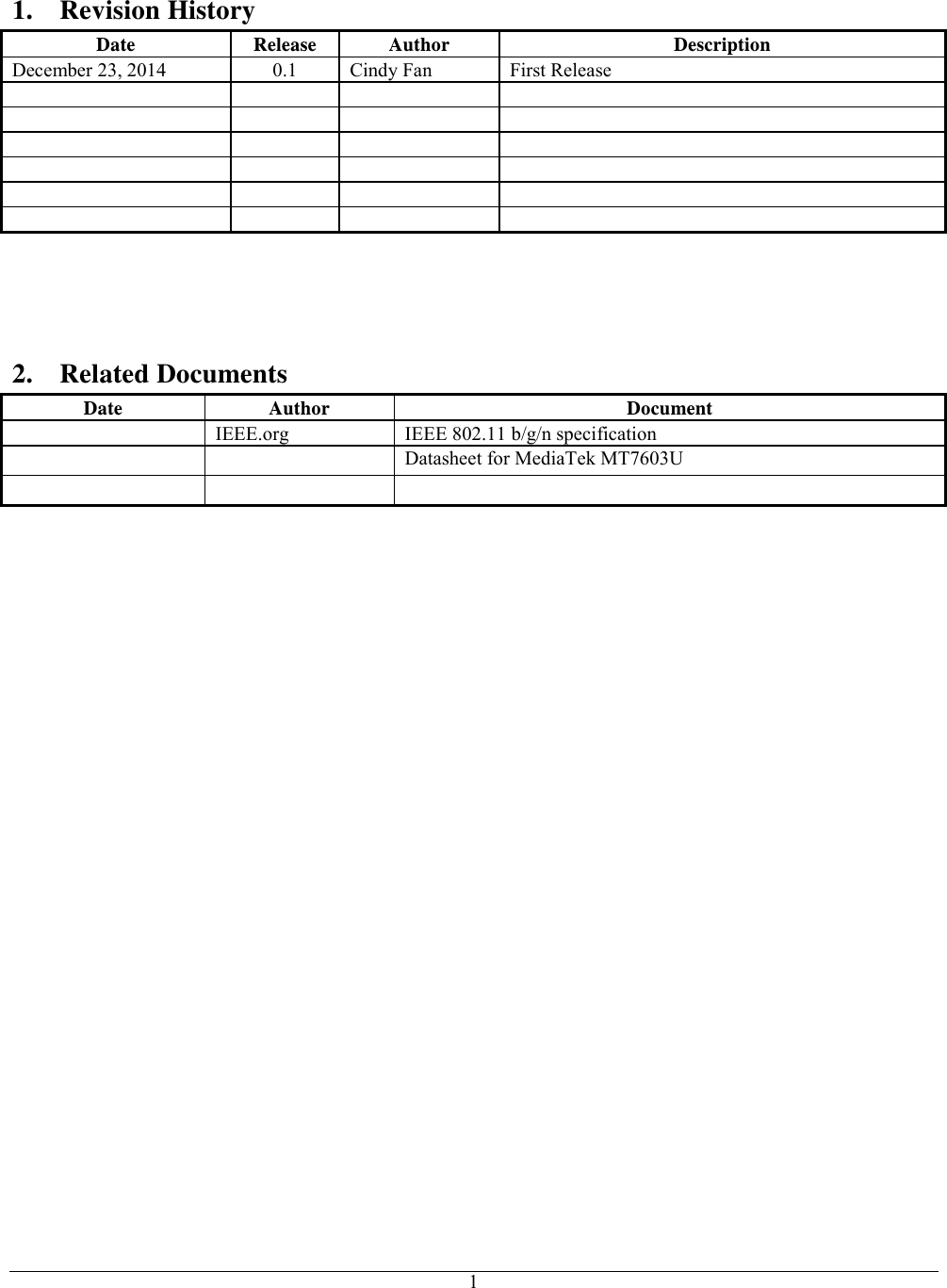   1  1.  Revision History Date Release Author Description December 23, 2014 0.1 Cindy Fan First Release                           2.  Related Documents Date Author Document  IEEE.org IEEE 802.11 b/g/n specification   Datasheet for MediaTek MT7603U     