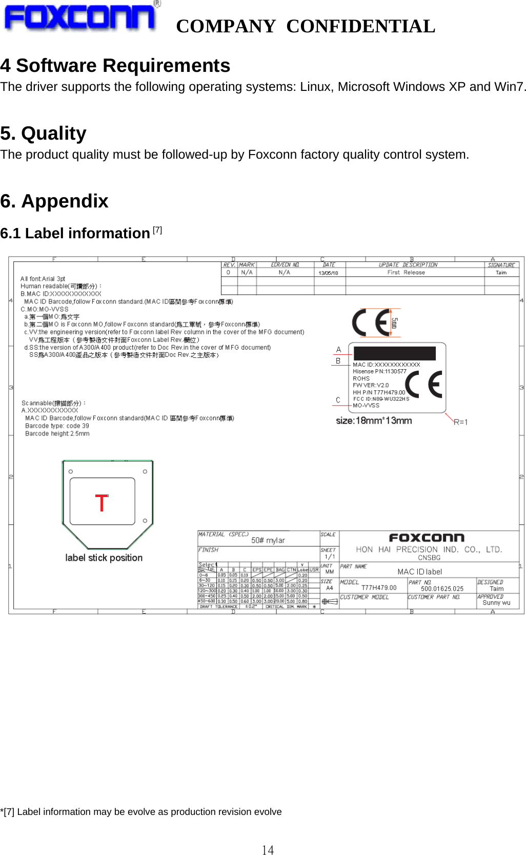   COMPANY CONFIDENTIAL             14 4 Software Requirements The driver supports the following operating systems: Linux, Microsoft Windows XP and Win7.  5. Quality The product quality must be followed-up by Foxconn factory quality control system.    6. Appendix 6.1 Label information [7]             *[7] Label information may be evolve as production revision evolve 