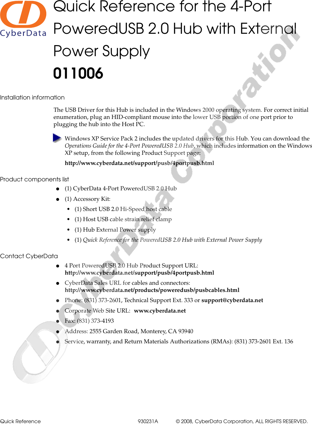 Page 3 of 4 - Cyberdata Cyberdata-4-Port-Poweredusb-2-0-Hub-011006-Users-Manual- 011006_9300231A_4Port_12_VOLT_Quick_Ref_GENERIC  Cyberdata-4-port-poweredusb-2-0-hub-011006-users-manual