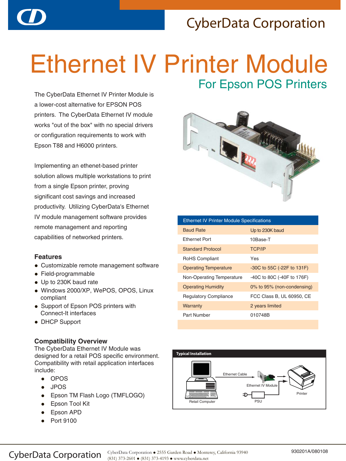 Cyberdata Ethernet Iv Printer Module Users Manual 010748_Ethernet_IV ...