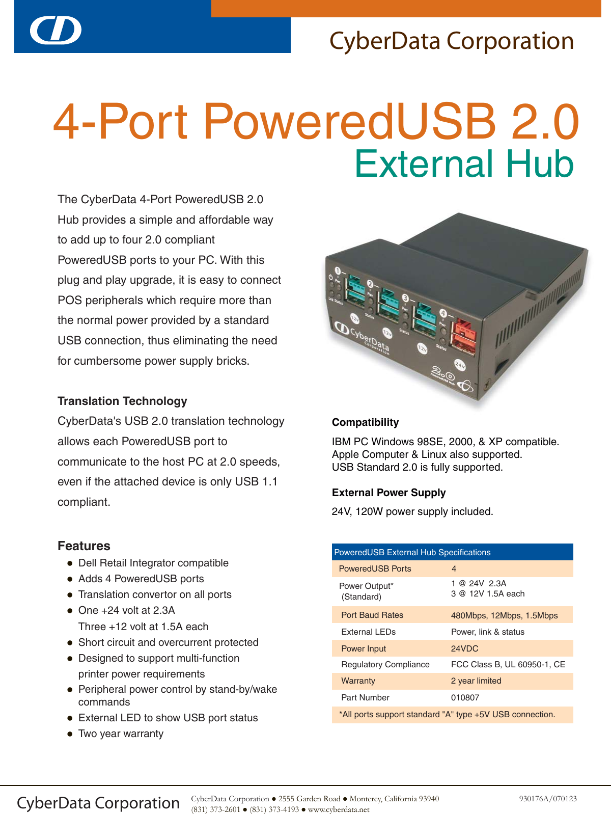 Page 1 of 2 - Cyberdata Cyberdata-External-Hub-Users-Manual- 010807A_930176A_4-Port_PoweredUSB_2-0_External_Hub  Cyberdata-external-hub-users-manual