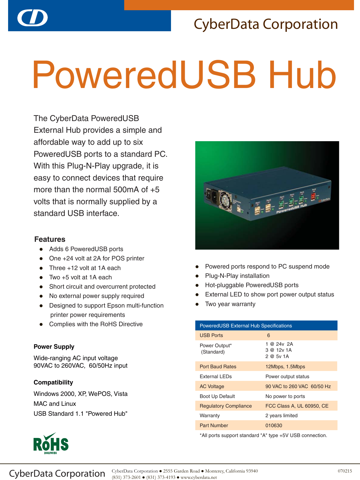 Page 1 of 2 - Cyberdata Cyberdata-Poweredusb-Hub-Users-Manual- Usb6hub  Cyberdata-poweredusb-hub-users-manual