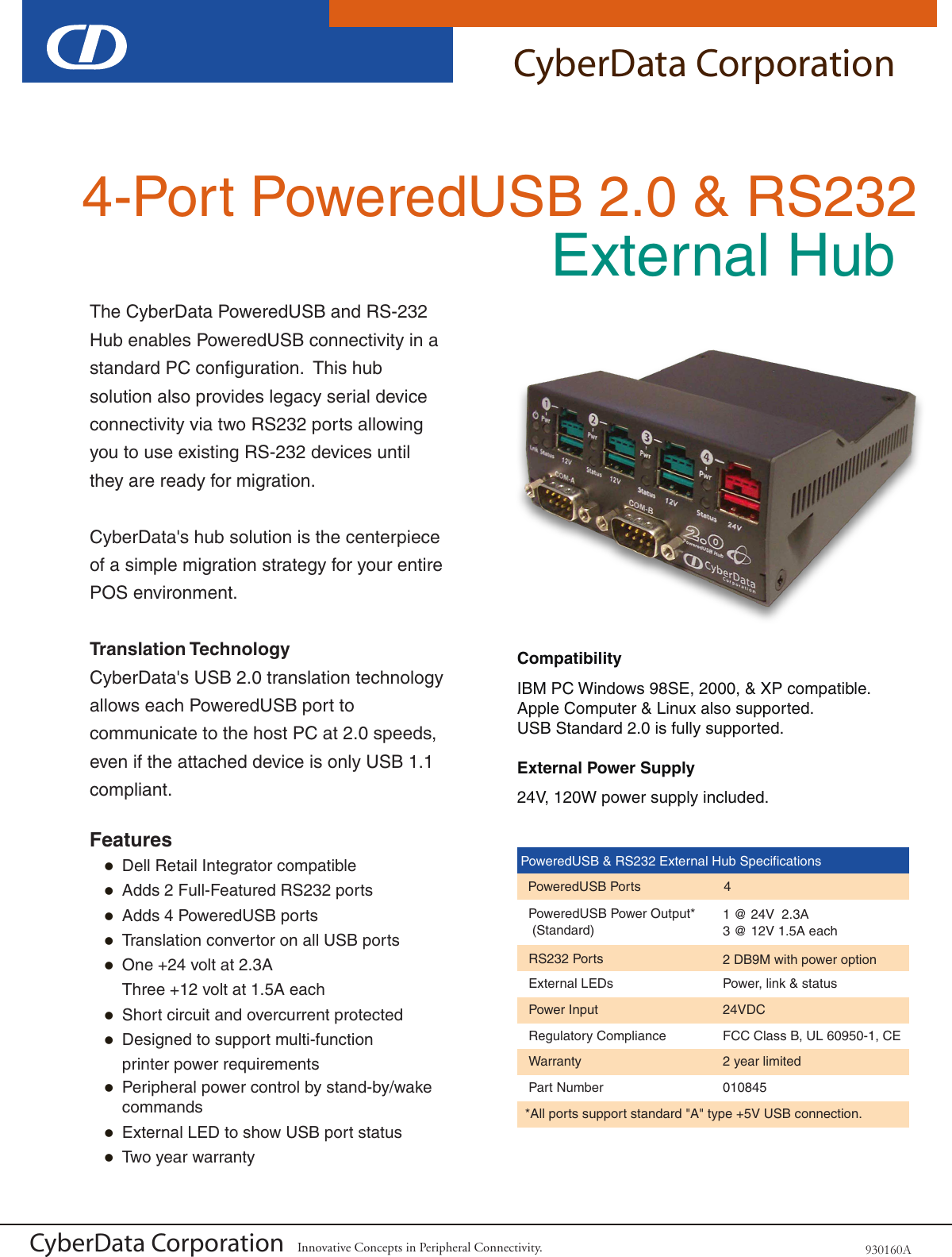Page 1 of 2 - Cyberdata Cyberdata-Rs232-Users-Manual- 010845A_930160A_4-Port_PoweredUSB_2-0_&_RS232_External_Hub_Serial  Cyberdata-rs232-users-manual