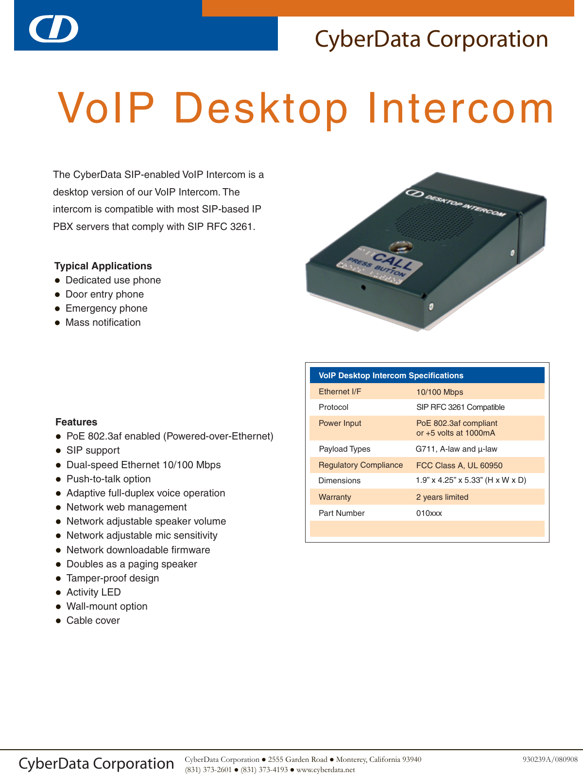 Page 1 of 2 - Cyberdata Cyberdata-Voip-Desktop-Intercom-Users-Manual- 930239A_VoIP_Desktop_Intercom_small  Cyberdata-voip-desktop-intercom-users-manual