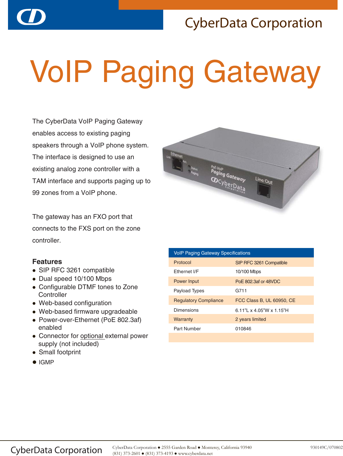 Cyberdata Voip Paging Gateway Users Manual 010846A_930149C_VoIP_Paging