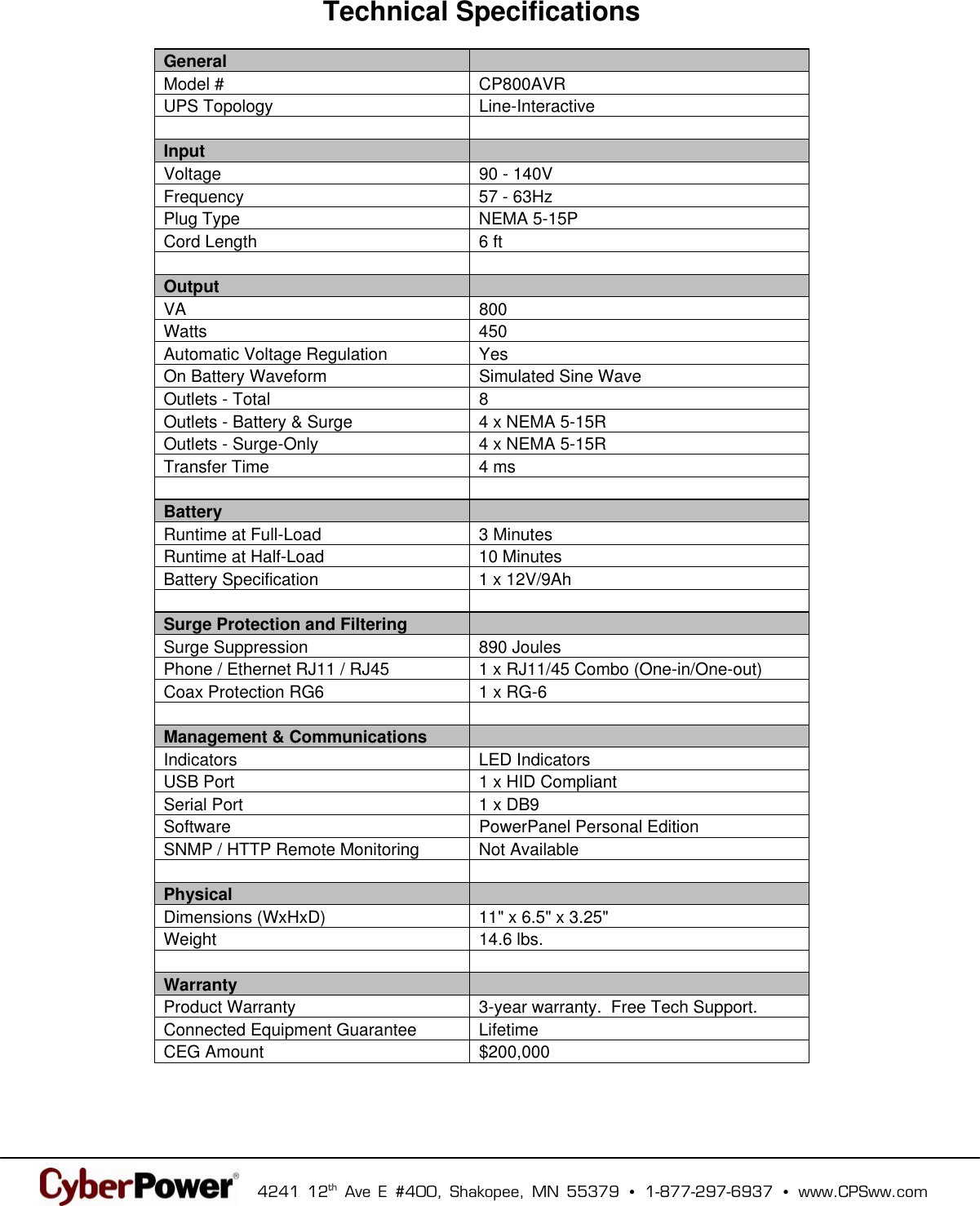 Cyberpower 649532008001 Users Manual CP800AVR