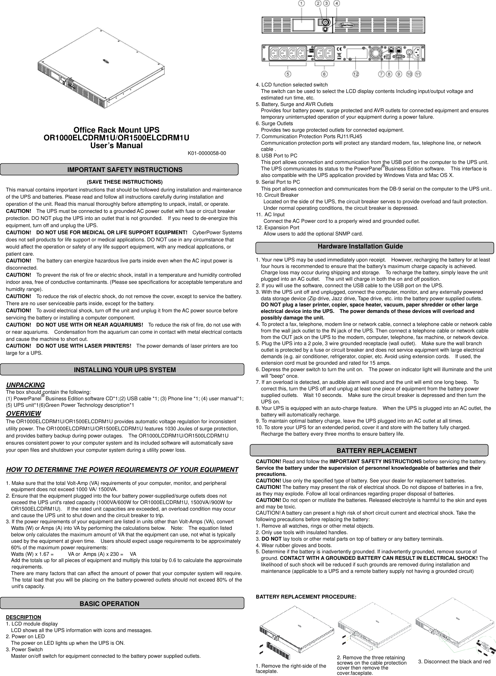 Page 1 of 2 - Cyberpower Cyberpower-Or1000Elcdrm1U-Users-Manual K01-0000058-00-rev1-OR1000-1500 User Manuel_EN_970219