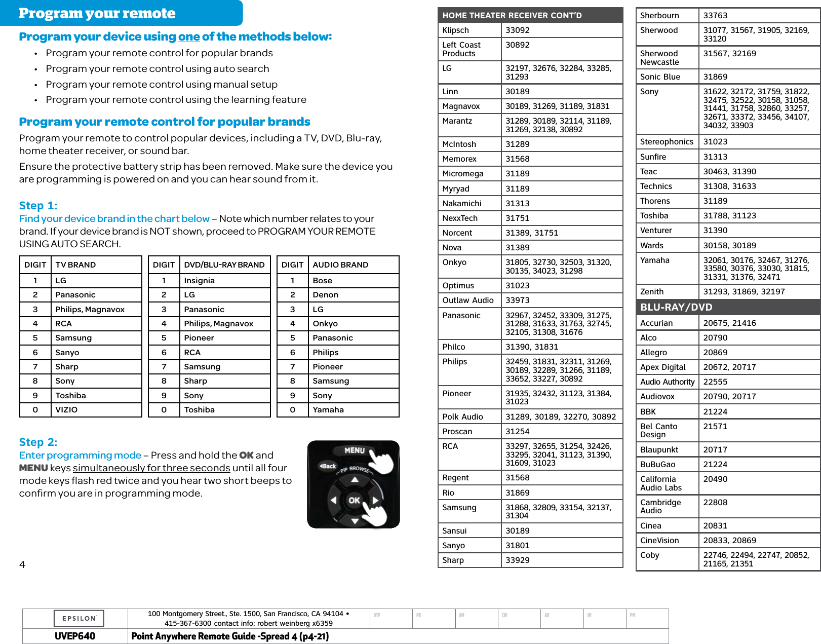 100 Montgomery Street., Ste. 1500, San Francisco, CA 94104 &bull;  415-367-6300 contact info: robert weinberg x6359DTP PR AM CW AD IM PMUVEP Point Anywhere Remote Guide -Spread 4 (p4-21)HOME THEATER RECEIVER CONT&rsquo;DKlipsch 33092Left Coast Products 30892LG 32197, 32676, 32284, 33285, 31293Linn 30189Magnavox 30189, 31269, 31189, 31831Marantz 31289, 30189, 32114, 31189, 31269, 32138, 30892McIntosh 31289Memorex 31568Micromega 31189Myryad 31189Nakamichi 31313NexxTech 31751Norcent 31389, 31751Nova 31389Onkyo 31805, 32730, 32503, 31320, 30135, 34023, 31298Optimus 31023Outlaw Audio 33973Panasonic 32967, 32452, 33309, 31275, 31288, 31633, 31763, 32745, 32105, 31308, 31676Philco 31390, 31831Philips 32459, 31831, 32311, 31269, 30189, 32289, 31266, 31189, 33652, 33227, 30892Pioneer 31935, 32432, 31123, 31384, 31023Polk Audio 31289, 30189, 32270, 30892Proscan 31254RCA 33297, 32655, 31254, 32426, 33295, 32041, 31123, 31390, 31609, 31023Regent 31568Rio 31869Samsung 31868, 32809, 33154, 32137, 31304Sansui 30189Sanyo 31801Sharp 33929Sherbourn 33763Sherwood 31077, 31567, 31905, 32169, 33120Sherwood Newcastle 31567, 32169Sonic Blue 31869Sony 31622, 32172, 31759, 31822, 32475, 32522, 30158, 31058, 31441, 31758, 32860, 33257, 32671, 33372, 33456, 34107, 34032, 33903Stereophonics 31023Sunfire 31313Teac 30463, 31390Technics 31308, 31633Thorens 31189Toshiba 31788, 31123Venturer 31390Wards 30158, 30189Yamaha 32061, 30176, 32467, 31276, 33580, 30376, 33030, 31815, 31331, 31376, 32471Zenith 31293, 31869, 32197BLU-RAY/DVDAccurian 20675, 21416Alco 20790Allegro 20869Apex Digital 20672, 20717Audio Authority 22555Audiovox 20790, 20717BBK 21224Bel Canto Design 21571Blaupunkt 20717BuBuGao 21224California Audio Labs 20490Cambridge Audio 22808Cinea 20831CineVision 20833, 20869Coby 22746, 22494, 22747, 20852, 21165, 21351DIGIT TV BRAND1 LG 2 Panasonic3 Philips, Magnavox4 RCA5 Samsung6 Sanyo7 Sharp8 Sony9 Toshiba0 VIZIODIGIT DVD/BLU-RAY BRAND1 Insignia2 LG3 Panasonic4 Philips, Magnavox5 Pioneer6 RCA7 Samsung8 Sharp9 Sony0 ToshibaDIGIT AUDIO BRAND1 Bose 2 Denon3 LG4 Onkyo5 Panasonic6 Philips7 Pioneer8 Samsung9 Sony0 YamahaProgram your device using one of the methods below:&bull; Program your remote control for popular brands&bull; Program your remote control using auto search&bull; Program your remote control using manual setup&bull; Program your remote control using the learning featureProgram your remote control for popular brandsProgram your remote to control popular devices, including a TV, DVD, Blu-ray, home theater receiver, or sound bar.Ensure the protective battery strip has been removed. Make sure the device you are programming is powered on and you can hear sound from it.Step 1:Find your device brand in the chart below &ndash; Note which number relates to your brand. If your device brand is NOT shown, proceed to PROGRAM YOUR REMOTE USING AUTO SEARCH.Step 2:Enter programming mode &ndash; Press and hold the OK and MENU keys simultaneously for three seconds until all four mode keys ﬂash red twice and you hear two short beeps to conﬁrm you are in programming mode.4Program your remote 