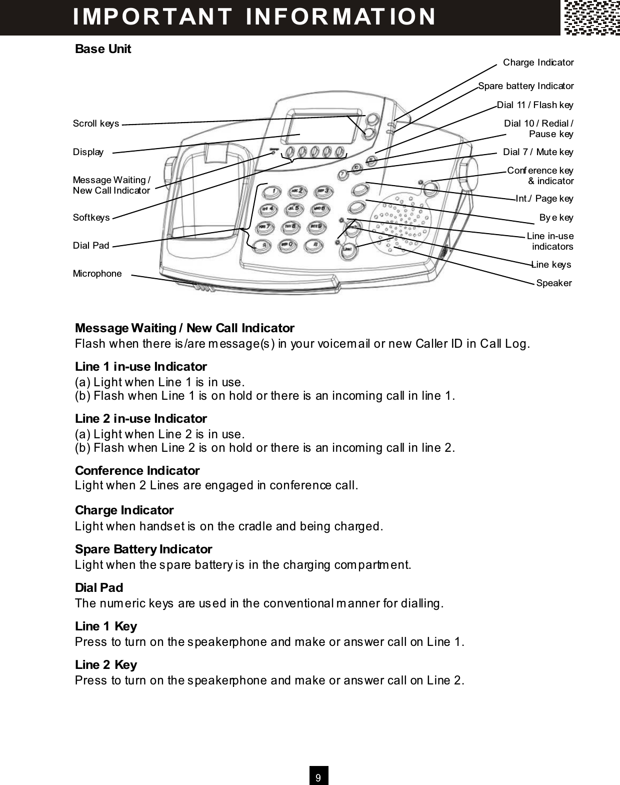  9  Base Unit                  Message W aiting / New Call Indicator Flash when there is/are m essage(s) in your voicem ail or new Caller ID in Call Log. Line 1 in-use Indicator (a) Light when Line 1 is in use. (b) Flash when Line 1 is on hold or there is an incom ing call in line 1. Line 2 in-use Indicator (a) Light when Line 2 is in use. (b) Flash when Line 2 is on hold or there is an incom ing call in line 2. Conference Indicator Light when 2 Lines are engaged in conference call. Charge Indicator Light when handset is on the cradle and being charged. Spare Battery Indicator Light when the spare battery is in the charging com partm ent. Dial Pad The num eric keys are used in the conventional m anner for dialling. Line 1 Key Press to turn on the speakerphone and m ake or answer call on Line 1. Line 2 Key Press to turn on the speakerphone and m ake or answer call on Line 2. Microphone Dial Pad Message W aiting / New Call Indicator Softkeys Display Speaker Line keys Line in-use indicators Conference key &amp; indicator Bye key Int./ Page key Scroll keys Dial 7 / Mute key Dial 10 / Redial / Pause key Dial 11 / Flash key Spare battery Indicator Charge Indicator I MP O R T AN T   IN FO R MAT IO N  