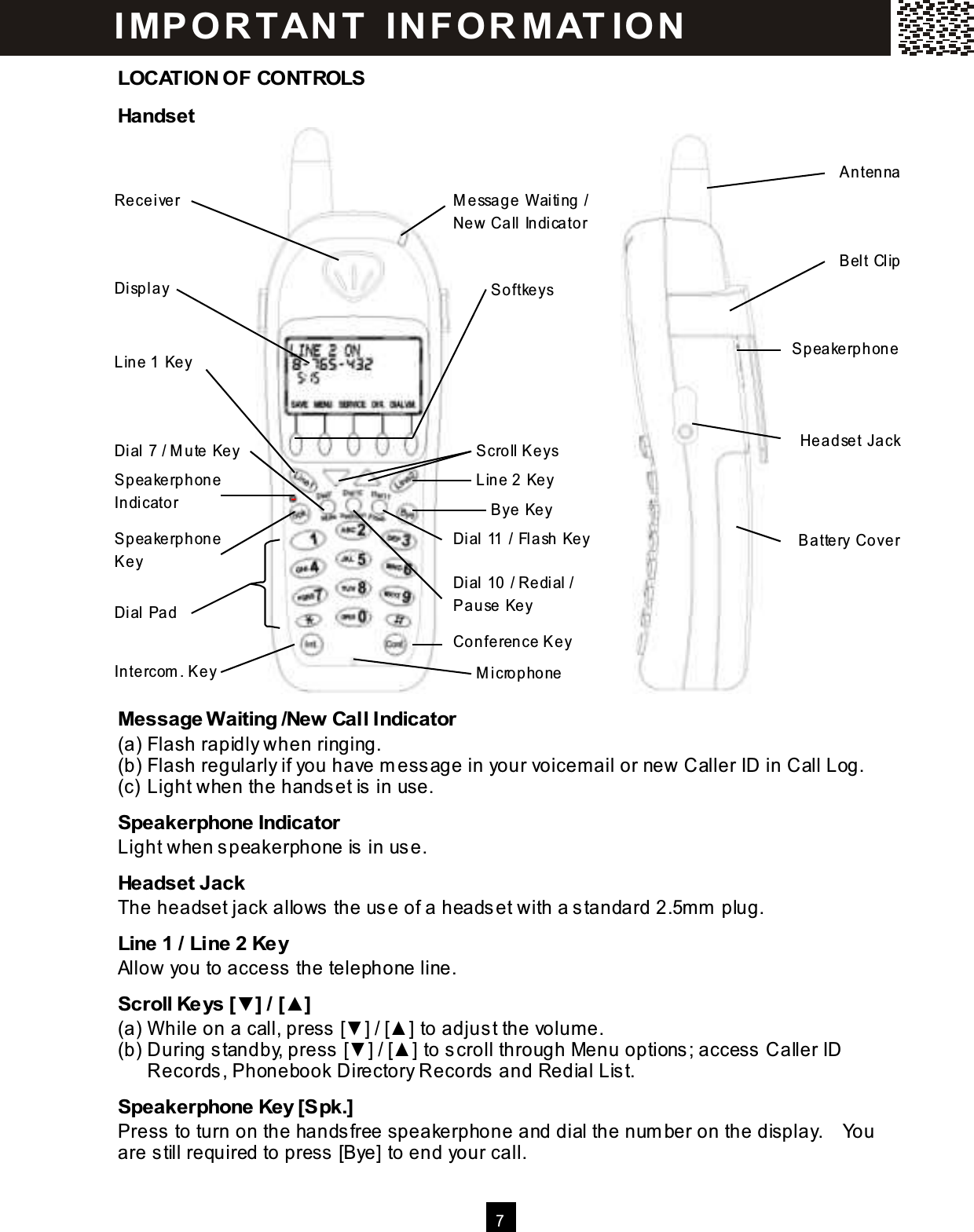  7    LOCATION OF CONTROLS Handset                                     Message W aiting /New Call Indicator (a) Flash rapidly when ringing. (b) Flash regularly if you have m essage in your voicem ail or new Caller ID in Call Log. (c) Light when the handset is in use. Speakerphone Indicator Light when speakerphone is in use. Headset Jack The headset jack allows the use of a headset with a standard 2.5mm  plug. Line 1 / Line 2 Key Allow you to access the telephone line. Scroll Keys [▼] / [▲] (a) W hile on a call, press [▼ ] / [▲ ] to adjust the volum e. (b) During standby, press [▼ ] / [▲ ] to scroll through Menu options; access Caller ID Records, Phonebook Directory Records and Redial List. Speakerphone Key [Spk.] Press to turn on the handsfree speakerphone and dial the num ber on the display.    You are still required to press [Bye] to end your call. Receiver Antenna M essage W aiting / New Call Indicator Display Softkeys Speakerphone Headset Jack Battery Cover Line 1 Key Line 2 Key Scroll Keys Dial 7 / M ute Key Speakerphone Indicator Speakerphone Key Conference Key Intercom . Key M icrophone Dial Pad Bye Key Dial 10 / Redial / Pause Key Dial 11 / Flash Key Belt Clip I MP O R T AN T   IN FO R MAT IO N  