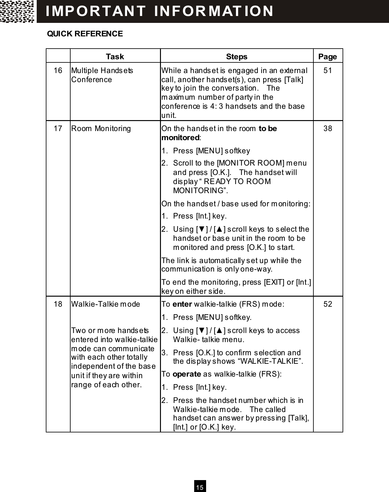  15  QUICK REFERENCE   Task  Steps  Page 16  Multiple Handsets Conference W hile a handset is engaged in an external call, another handset(s), can press [Talk] key to join the conversation.    The m axim um  num ber of party in the conference is 4: 3 handsets and the base unit. 51 17  Room  Monitoring  On the handset in the room  to be m onitored: 1.  Press [MENU] softkey 2.  Scroll to the [MONITOR ROO M ] m enu and press [O.K.].    The handset will display &ldquo; READY TO  ROO M MONITORING&rdquo;. On the handset / base used for m onitoring: 1.  Press [Int.] key. 2.  Using [▼ ] / [▲ ] scroll keys to select the handset or base unit in the room  to be m onitored and press [O.K.] to start. The link is autom atically set up while the communication is only one-way. To end the m onitoring, press [EXIT] or [Int.] key on either side. 38 18  W alkie-Talkie m ode  Two or m ore handsets entered into walkie-talkie m ode can com municate with each other totally independent of the base unit if they are within range of each other. To enter walkie-talkie (FRS) m ode: 1.  Press [MENU] softkey. 2.  Using [▼ ] / [▲ ] scroll keys to access W alkie- talkie m enu. 3.  Press [O.K.] to confirm  selection and the display shows &ldquo;W ALKIE-TALKIE&rdquo;. To operate as walkie-talkie (FRS): 1.  Press [Int.] key. 2.  Press the handset num ber which is in W alkie-talkie m ode.    The called handset can answer by pressing [Talk], [Int.] or [O.K.] key. 52 IM PO RT AN T   IN FO R M AT IO N  