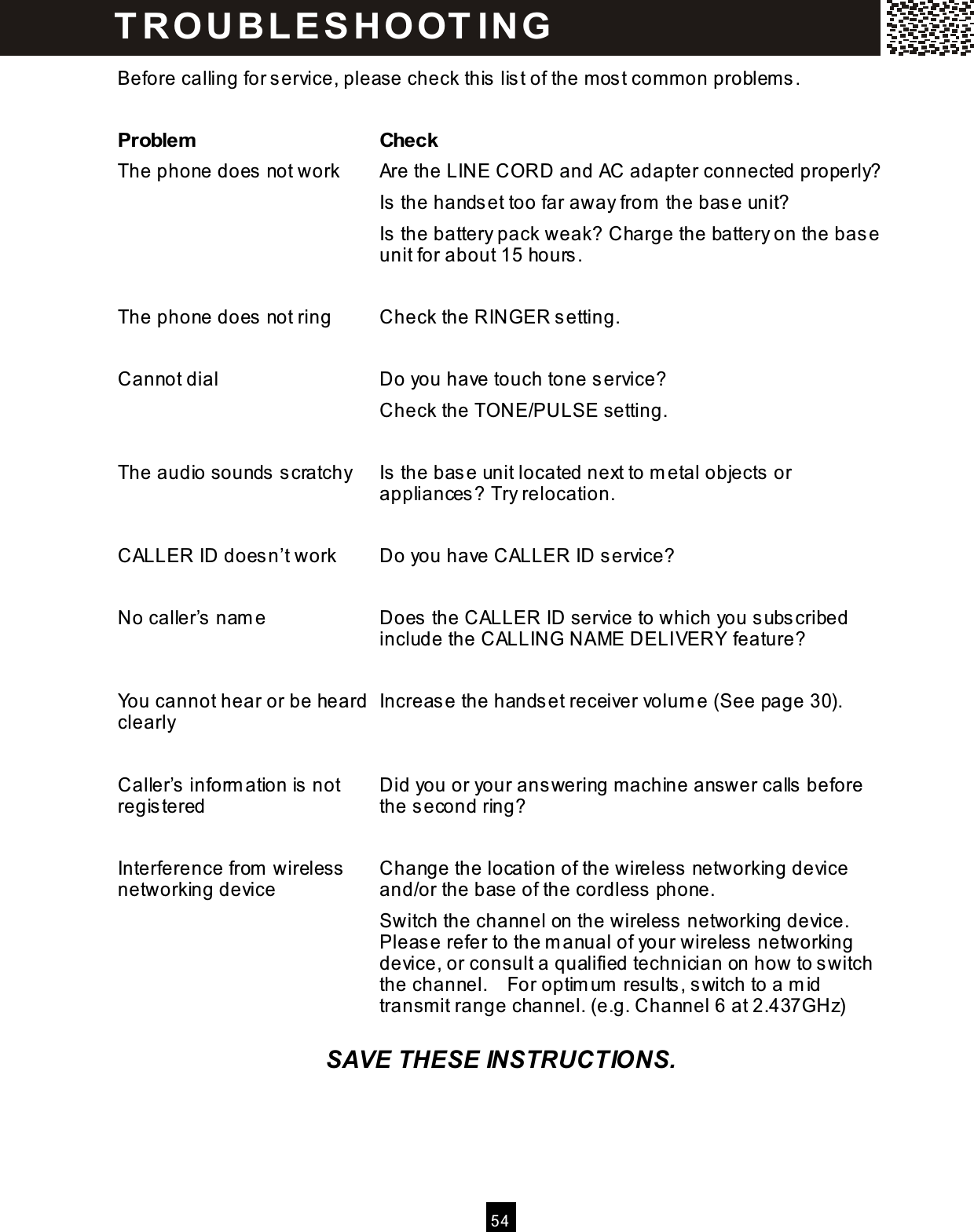  5 4  Before calling for service, please check this list of the most com m on problem s.  Problem   Check The phone does not work  Are the LINE CORD and AC adapter connected properly? Is the handset too far away from  the base unit? Is the battery pack weak? Charge the battery on the base unit for about 15 hours.  The phone does not ring  Check the RINGER setting.  Cannot dial  Do you have touch tone service? Check the TONE/PULSE setting.  The audio sounds scratchy  Is the base unit located next to m etal objects or appliances? Try relocation.  CALLER ID doesn&rsquo;t work    Do you have CALLER ID service?  No caller&rsquo;s nam e  Does the CALLER ID service to which you subscribed include the CALLING NAME DELIVERY feature?  You cannot hear or be heard clearly  Increase the handset receiver volum e (See page 30).  Caller&rsquo;s inform ation is not registered  Did you or your answering machine answer calls before the second ring?  Interference from  wireless networking device  Change the location of the wireless networking device and/or the base of the cordless phone. Switch the channel on the wireless networking device. Please refer to the m anual of your wireless networking device, or consult a qualified technician on how to switch the channel.    For optim um  results, switch to a m id transm it range channel. (e.g. Channel 6 at 2.437GHz)  SAVE THESE INSTRUCTIONS. TRO UBLESHO OTING  