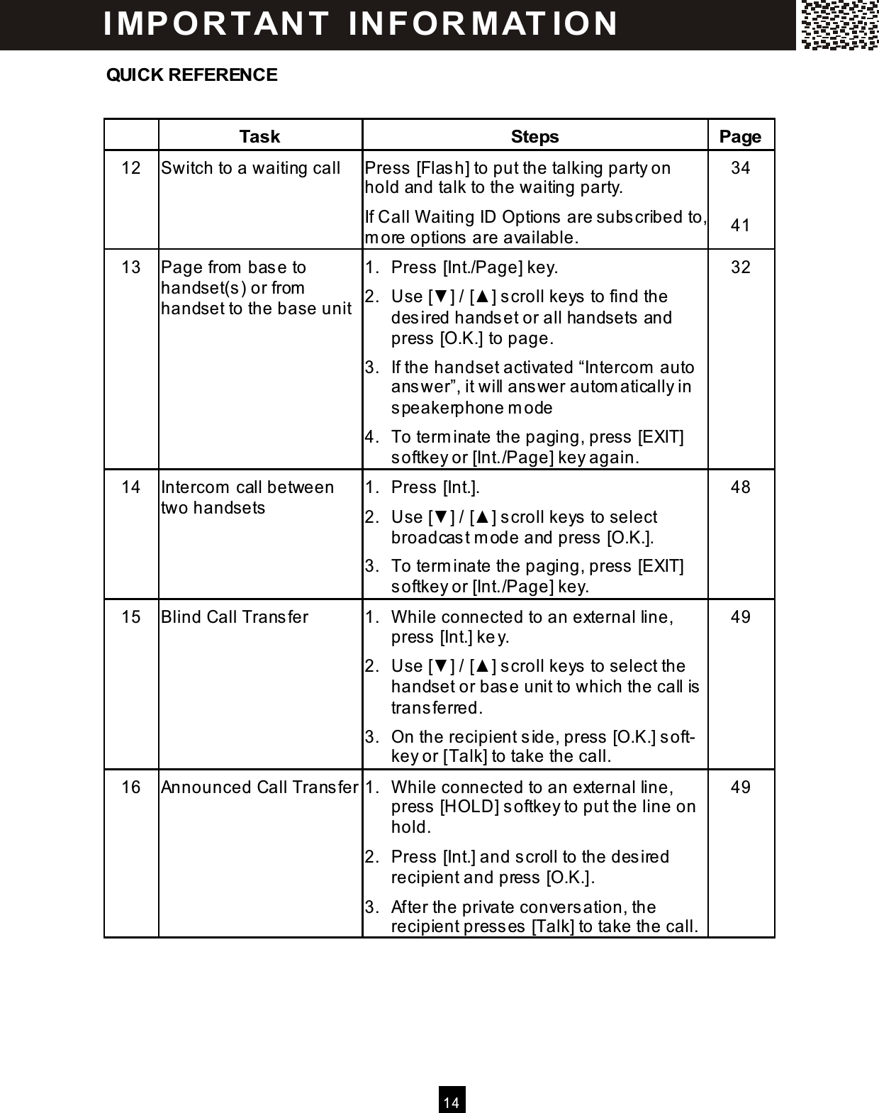  14  QUICK REFERENCE   Task  Steps  Page 12  Switch to a waiting call  Press [Flash] to put the talking party on hold and talk to the waiting party. If Call W aiting ID Options are subscribed to, m ore options are available. 34  41 13  Page from  base to handset(s) or from  handset to the base unit 1.  Press [Int./Page] key. 2.  Use [▼ ] / [▲ ] scroll keys to find the desired handset or all handsets and press [O.K.] to page. 3.  If the handset activated &ldquo;Intercom  auto answer&rdquo;, it will answer autom atically in speakerphone m ode 4.  To term inate the paging, press [EXIT] softkey or [Int./Page] key again. 32 14  Intercom  call between two handsets 1.  Press [Int.]. 2.  Use [▼ ] / [▲ ] scroll keys to select broadcast m ode and press [O.K.]. 3.  To term inate the paging, press [EXIT] softkey or [Int./Page] key. 48 15  Blind Call Transfer  1.  W hile connected to an external line, press [Int.] key. 2.  Use [▼ ] / [▲ ] scroll keys to select the handset or base unit to which the call is transferred. 3.  On the recipient side, press [O.K.] soft- key or [Talk] to take the call. 49 16  Announced Call Transfer 1.  W hile connected to an external line, press [HOLD] softkey to put the line on hold. 2.  Press [Int.] and scroll to the desired recipient and press [O.K.]. 3.  After the private conversation, the recipient presses [Talk] to take the call. 49  IM PO RT AN T   IN FO R M AT IO N  