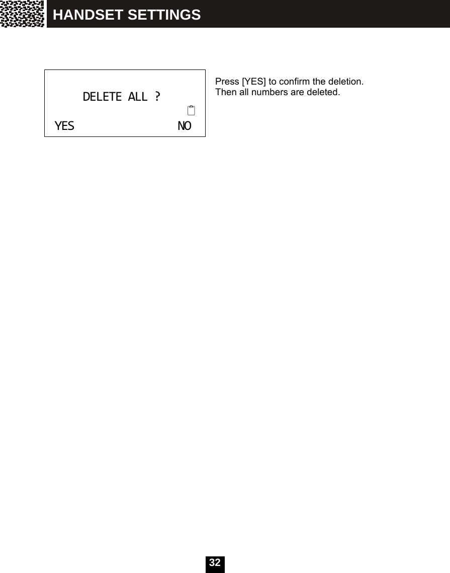   32     Press [YES] to confirm the deletion. Then all numbers are deleted.         DELETEALL?YESNO HANDSET SETTINGS 
