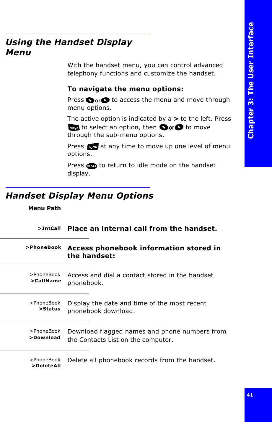 Chapter 3: The User Interface41 Using the Handset Display MenuWith the handset menu, you can control advanced telephony functions and customize the handset.To navigate the menu options:Press  to access the menu and move through menu options.The active option is indicated by a &gt; to the left. Press  to select an option, then   to move through the sub-menu options. Press   at any time to move up one level of menu options.Press   to return to idle mode on the handset display.Handset Display Menu OptionsMenu Path&gt;IntCall Place an internal call from the handset.&gt;PhoneBook Access phonebook information stored in the handset:&gt;PhoneBook&gt;CallName Access and dial a contact stored in the handset phonebook.&gt;PhoneBook&gt;Status Display the date and time of the most recent phonebook download.&gt;PhoneBook&gt;Download Download flagged names and phone numbers from the Contacts List on the computer.&gt;PhoneBook &gt;DeleteAll Delete all phonebook records from the handset.