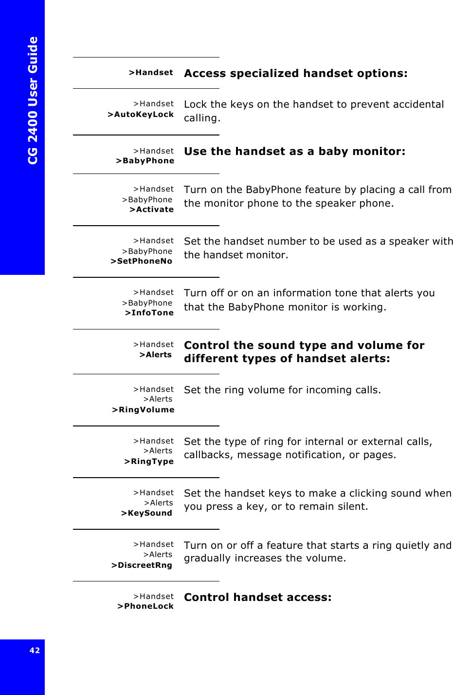 CG 2400 User Guide42&gt;Handset Access specialized handset options:&gt;Handset&gt;AutoKeyLock Lock the keys on the handset to prevent accidental calling.&gt;Handset&gt;BabyPhone Use the handset as a baby monitor:&gt;Handset&gt;BabyPhone&gt;ActivateTurn on the BabyPhone feature by placing a call from the monitor phone to the speaker phone.&gt;Handset&gt;BabyPhone&gt;SetPhoneNoSet the handset number to be used as a speaker with the handset monitor.&gt;Handset&gt;BabyPhone&gt;InfoToneTurn off or on an information tone that alerts you that the BabyPhone monitor is working.&gt;Handset&gt;Alerts Control the sound type and volume for different types of handset alerts:&gt;Handset&gt;Alerts&gt;RingVolumeSet the ring volume for incoming calls.&gt;Handset&gt;Alerts&gt;RingTypeSet the type of ring for internal or external calls, callbacks, message notification, or pages.&gt;Handset &gt;Alerts&gt;KeySoundSet the handset keys to make a clicking sound when you press a key, or to remain silent.&gt;Handset&gt;Alerts&gt;DiscreetRngTurn on or off a feature that starts a ring quietly and gradually increases the volume.&gt;Handset&gt;PhoneLock Control handset access: