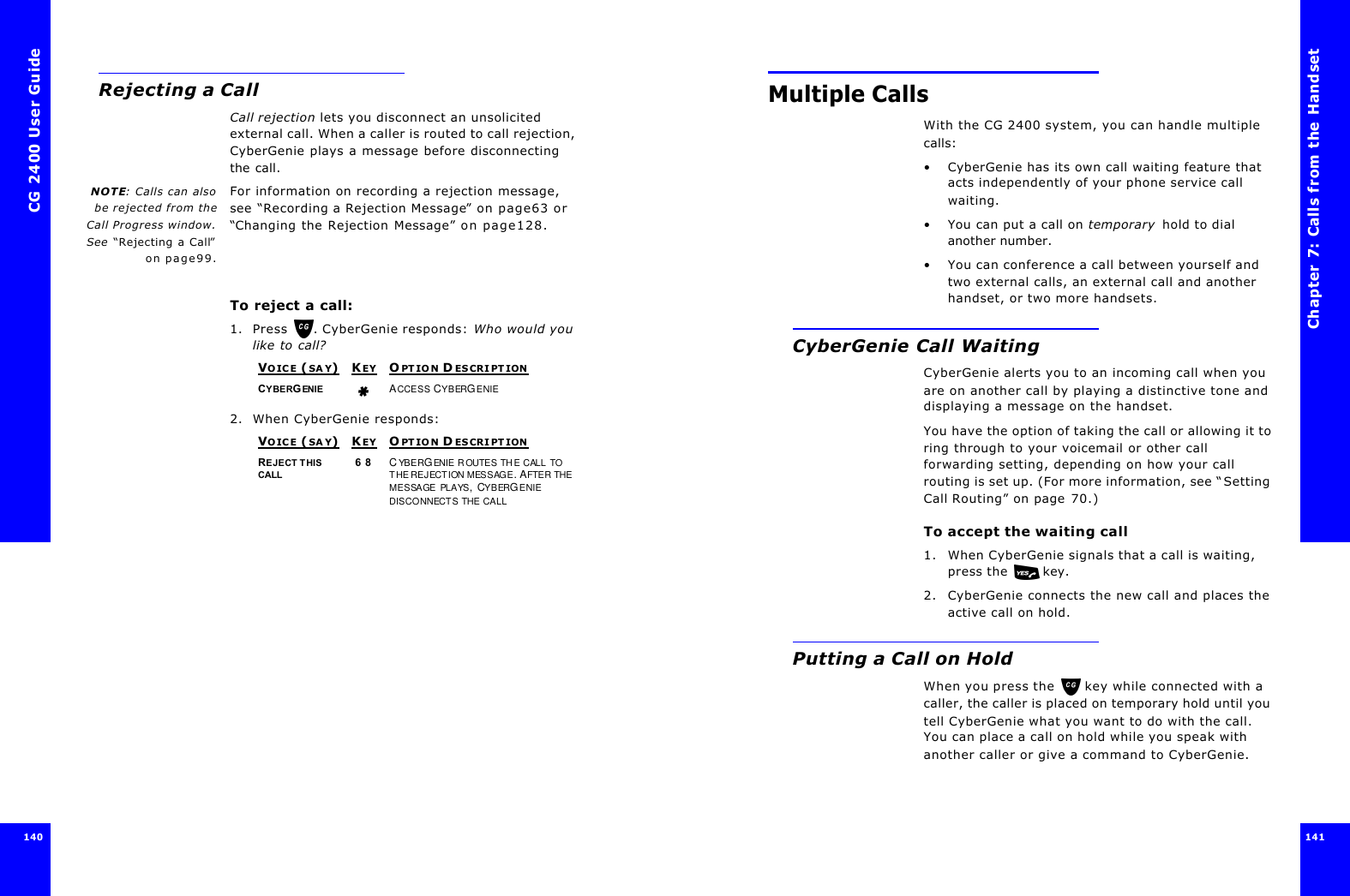 CG 2400 User Guide140Rejecting a CallCall rejection lets you disconnect an unsolicited external call. When a caller is routed to call rejection, CyberGenie plays a message before disconnecting the call.NOTE: Calls can alsobe rejected from theCall Progress window.See “Rejecting a Call”on page99.For information on recording a rejection message, see “Recording a Rejection Message” on page63 or “Changing the Rejection Message” on page128.To reject a call:1. Press . CyberGenie responds: Who would you like to call?2. When CyberGenie responds:VOICE (SAY)KEYOPTION D ESCRIPTIONCYBERGENIE   ACCESS CYBERGENIEVOICE (SAY)KEYOPTION D ESCRIPTIONREJECT THIS CALL 6 8 CYBERGENIE ROUTES THE CALL TO THE REJECTION MESSAGE. AFTER THE MESSAGE PLAYS, CYBERGENIE DISCONNECTS THE CALLChapter 7: Calls from the Handset141 Multiple CallsWith the CG 2400 system, you can handle multiple calls:•CyberGenie has its own call waiting feature that acts independently of your phone service call waiting.•You can put a call on temporary  hold to dial another number.•You can conference a call between yourself and two external calls, an external call and another handset, or two more handsets.CyberGenie Call WaitingCyberGenie alerts you to an incoming call when you are on another call by playing a distinctive tone and displaying a message on the handset. You have the option of taking the call or allowing it to ring through to your voicemail or other call forwarding setting, depending on how your call routing is set up. (For more information, see “Setting Call Routing” on page70.)To accept the waiting call1. When CyberGenie signals that a call is waiting, press the  key. 2. CyberGenie connects the new call and places the active call on hold.Putting a Call on HoldWhen you press the  key while connected with a caller, the caller is placed on temporary hold until you tell CyberGenie what you want to do with the call. You can place a call on hold while you speak with another caller or give a command to CyberGenie. 