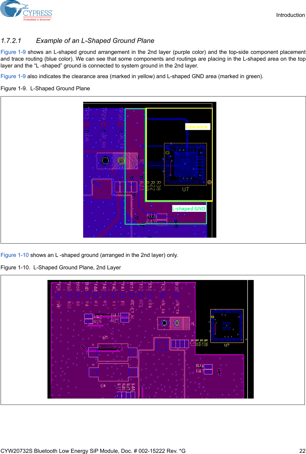 CYW20732S Bluetooth Low Energy SiP Module, Doc. # 002-15222 Rev. *G 22Introduction1.7.2.1 Example of an L-Shaped Ground Plane Figure 1-9 shows an L-shaped ground arrangement in the 2nd layer (purple color) and the top-side component placementand trace routing (blue color). We can see that some components and routings are placing in the L-shaped area on the toplayer and the “L -shaped” ground is connected to system ground in the 2nd layer.Figure 1-9 also indicates the clearance area (marked in yellow) and L-shaped GND area (marked in green).Figure 1-9.  L-Shaped Ground PlaneFigure 1-10 shows an L -shaped ground (arranged in the 2nd layer) only.Figure 1-10.  L-Shaped Ground Plane, 2nd Layer