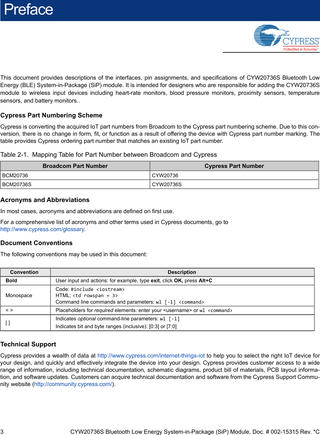 3 CYW20736S Bluetooth Low Energy System-in-Package (SiP) Module, Doc. # 002-15315 Rev. *CPrefaceThis document provides descriptions of the interfaces, pin assignments, and specifications of CYW20736S Bluetooth LowEnergy (BLE) System-in-Package (SiP) module. It is intended for designers who are responsible for adding the CYW20736Smodule to wireless input devices including heart-rate monitors, blood pressure monitors, proximity sensors, temperaturesensors, and battery monitors..Cypress Part Numbering SchemeCypress is converting the acquired IoT part numbers from Broadcom to the Cypress part numbering scheme. Due to this con-version, there is no change in form, fit, or function as a result of offering the device with Cypress part number marking. Thetable provides Cypress ordering part number that matches an existing IoT part number.Acronyms and AbbreviationsIn most cases, acronyms and abbreviations are defined on first use.For a comprehensive list of acronyms and other terms used in Cypress documents, go to http://www.cypress.com/glossary.Document ConventionsThe following conventions may be used in this document:Technical SupportCypress provides a wealth of data at http://www.cypress.com/internet-things-iot to help you to select the right IoT device foryour design, and quickly and effectively integrate the device into your design. Cypress provides customer access to a widerange of information, including technical documentation, schematic diagrams, product bill of materials, PCB layout informa-tion, and software updates. Customers can acquire technical documentation and software from the Cypress Support Commu-nity website (http://community.cypress.com/).Table 2-1.  Mapping Table for Part Number between Broadcom and CypressBroadcom Part Number Cypress Part NumberBCM20736 CYW20736BCM20736S CYW20736SConvention DescriptionBold User input and actions: for example, type exit, click OK, press Alt+CMonospaceCode: #include &lt;iostream&gt;HTML: &lt;td rowspan = 3&gt;Command line commands and parameters: wl [-l] &lt;command&gt;&lt; &gt; Placeholders for required elements: enter your &lt;username&gt; or wl &lt;command&gt;[] Indicates optional command-line parameters: wl [-l]Indicates bit and byte ranges (inclusive): [0:3] or [7:0]