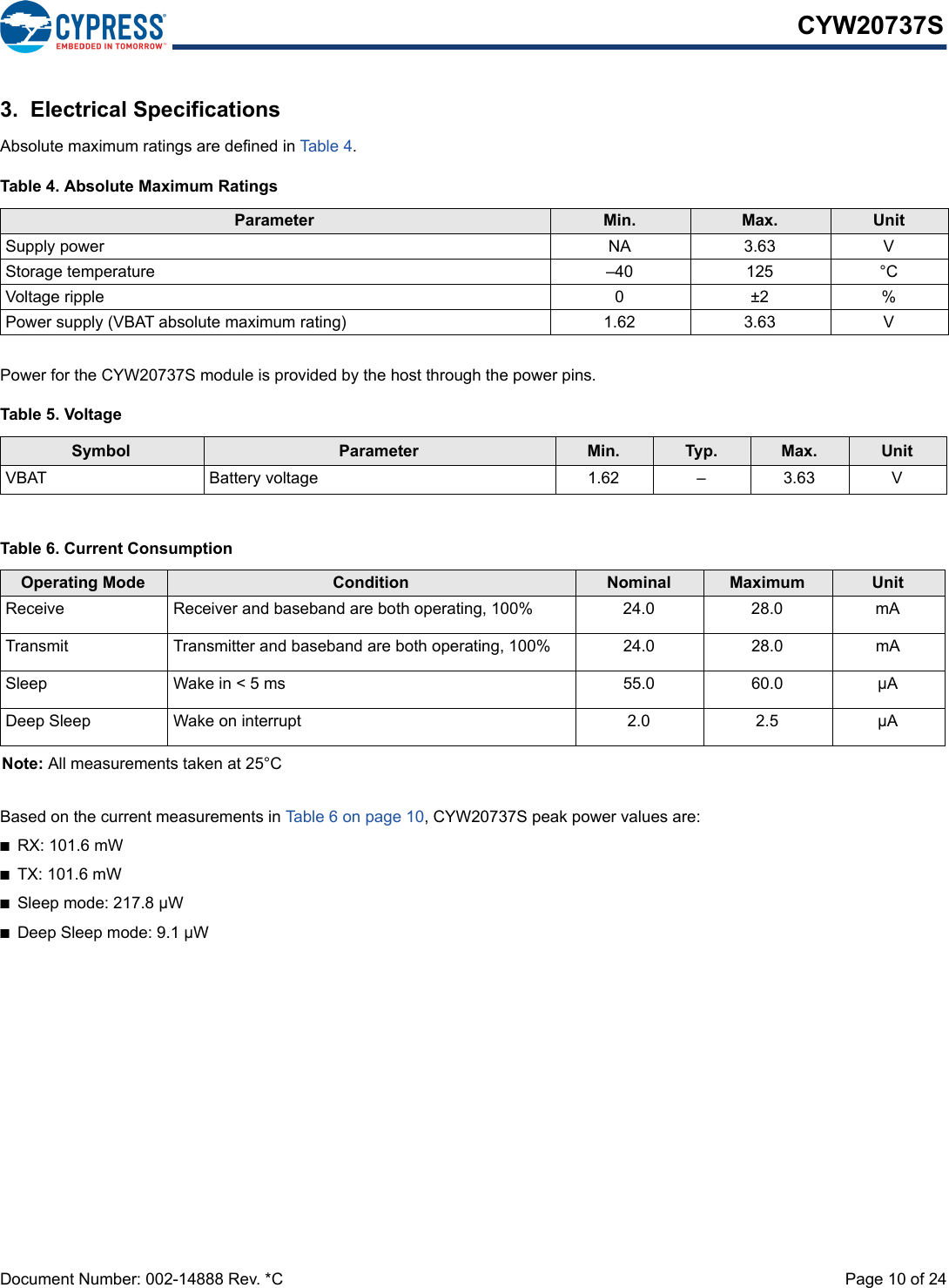 Document Number: 002-14888 Rev. *C  Page 10 of 24CYW20737S3.  Electrical SpecificationsAbsolute maximum ratings are defined in Table 4.Power for the CYW20737S module is provided by the host through the power pins.Based on the current measurements in Table 6 on page 10, CYW20737S peak power values are:■RX: 101.6 mW■TX: 101.6 mW■Sleep mode: 217.8 µW■Deep Sleep mode: 9.1 µWTable 4. Absolute Maximum RatingsParameter Min. Max. UnitSupply power NA 3.63 VStorage temperature –40 125 °CVoltage ripple 0 ±2 %Power supply (VBAT absolute maximum rating) 1.62 3.63 V Table 5. VoltageSymbol Parameter Min. Typ. Max. UnitVBAT Battery voltage 1.62 – 3.63 VTable 6. Current ConsumptionOperating Mode Condition Nominal Maximum UnitReceive Receiver and baseband are both operating, 100% 24.0 28.0 mATransmit  Transmitter and baseband are both operating, 100% 24.0 28.0 mASleep  Wake in &lt; 5 ms 55.0 60.0 µADeep Sleep Wake on interrupt 2.0 2.5 µANote: All measurements taken at 25°C