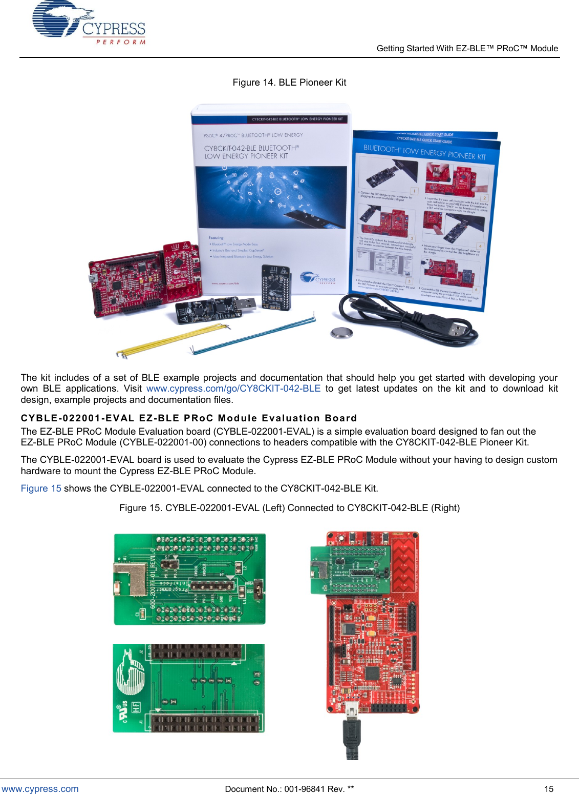   Getting Started With EZ-  www.cypress.com  Document No.: 001-96841 Rev. **  15 Figure 14. BLE Pioneer Kit  The kit includes of a set of  BLE example projects and documentation that should help you get started with developing your own  BLE  applications.  Visit  www.cypress.com/go/CY8CKIT-042-BLE  to  get  latest  updates  on  the  kit  and  to  download  kit design, example projects and documentation files. CYB LE -022001- E V AL   E Z - BL E   P R o C  M o d u l e   E v a l u at i on   Boa rd The EZ-BLE PRoC Module Evaluation board (CYBLE-022001-EVAL) is a simple evaluation board designed to fan out the  EZ-BLE PRoC Module (CYBLE-022001-00) connections to headers compatible with the CY8CKIT-042-BLE Pioneer Kit.   The CYBLE-022001-EVAL board is used to evaluate the Cypress EZ-BLE PRoC Module without your having to design custom hardware to mount the Cypress EZ-BLE PRoC Module.   Figure 15 shows the CYBLE-022001-EVAL connected to the CY8CKIT-042-BLE Kit.   Figure 15. CYBLE-022001-EVAL (Left) Connected to CY8CKIT-042-BLE (Right)             