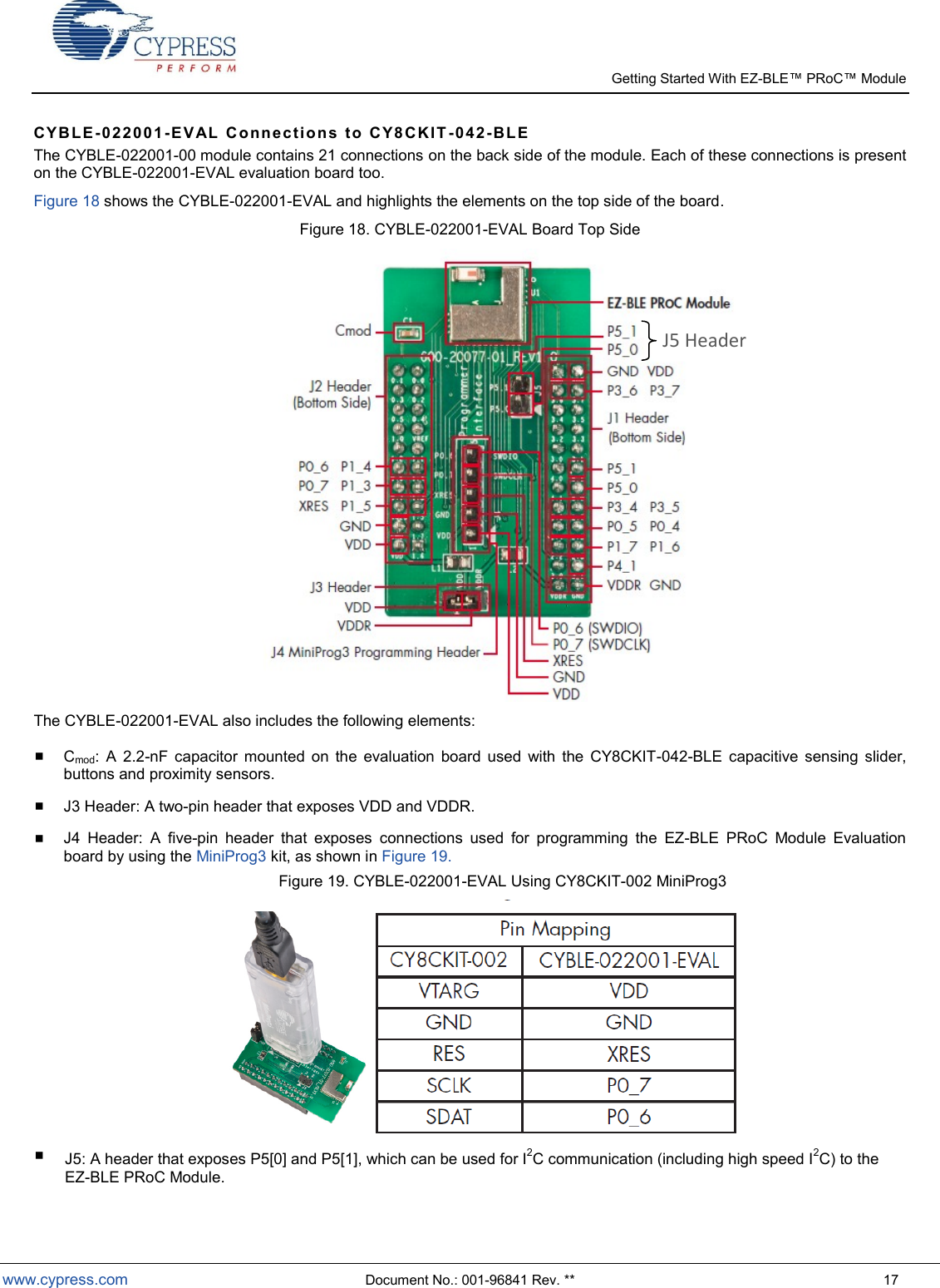   Getting Started With EZ-  www.cypress.com  Document No.: 001-96841 Rev. **  17 CYB LE -022001- E V AL   C o n ne c ti on s   to  C Y 8 C KI T -042- B L E  The CYBLE-022001-00 module contains 21 connections on the back side of the module. Each of these connections is present on the CYBLE-022001-EVAL evaluation board too.   Figure 18 shows the CYBLE-022001-EVAL and highlights the elements on the top side of the board.  Figure 18. CYBLE-022001-EVAL Board Top Side  The CYBLE-022001-EVAL also includes the following elements:   Cmod:  A  2.2-nF  capacitor  mounted  on  the  evaluation  board  used  with  the  CY8CKIT-042-BLE  capacitive  sensing  slider, buttons and proximity sensors.    J3 Header: A two-pin header that exposes VDD and VDDR.   J4  Header:  A  five-pin  header  that  exposes  connections  used  for  programming  the  EZ-BLE  PRoC  Module  Evaluation board by using the MiniProg3 kit, as shown in Figure 19.  Figure 19. CYBLE-022001-EVAL Using CY8CKIT-002 MiniProg3   J5: A header that exposes P5[0] and P5[1], which can be used for I2C communication (including high speed I2C) to the EZ-BLE PRoC Module.   J5 Header 
