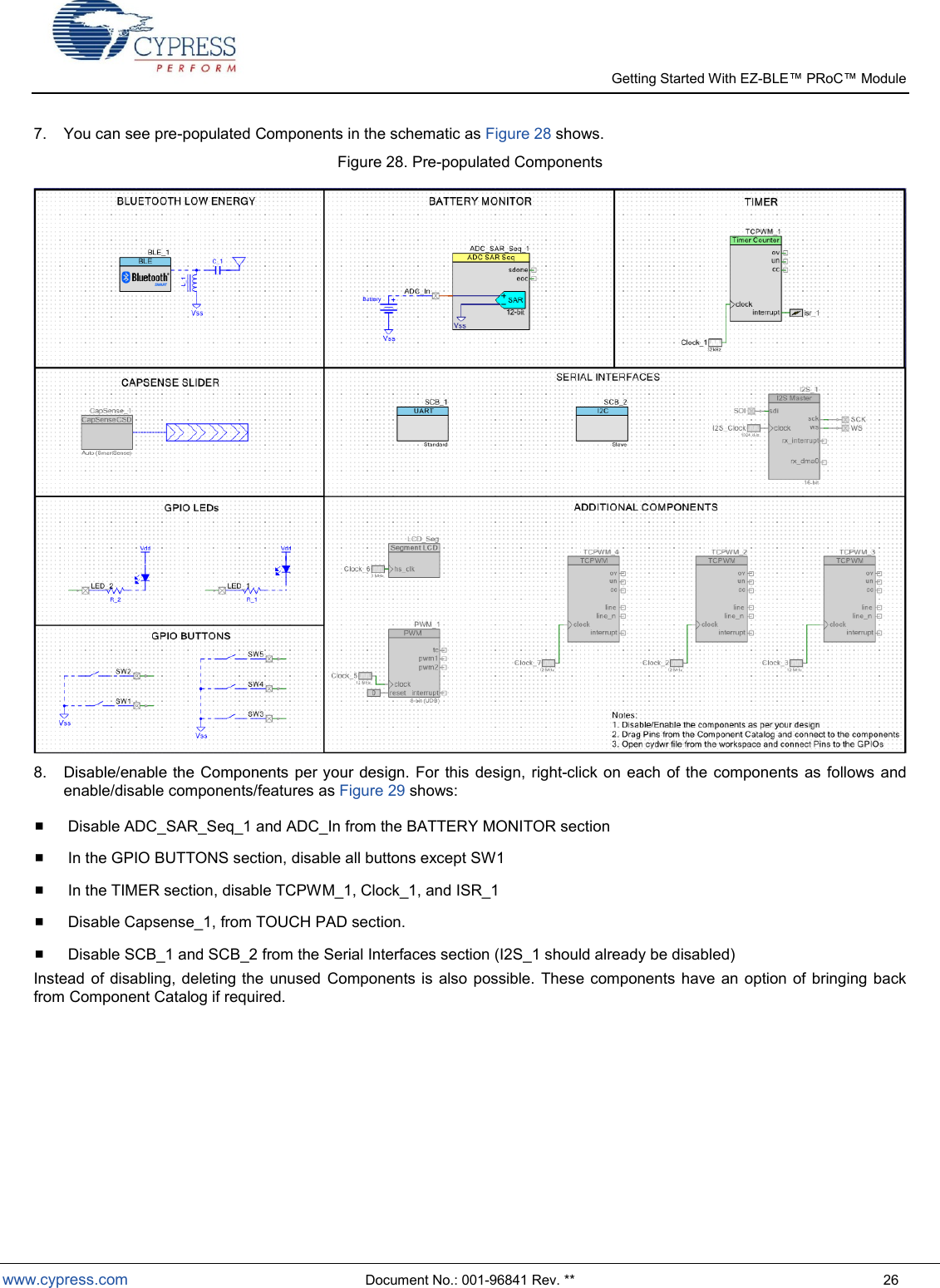   Getting Started With EZ-  www.cypress.com  Document No.: 001-96841 Rev. **  26 7.  You can see pre-populated Components in the schematic as Figure 28 shows. Figure 28. Pre-populated Components  8.  Disable/enable the  Components  per your  design. For  this  design, right-click on  each  of  the components  as  follows and enable/disable components/features as Figure 29 shows:   Disable ADC_SAR_Seq_1 and ADC_In from the BATTERY MONITOR section   In the GPIO BUTTONS section, disable all buttons except SW1    In the TIMER section, disable TCPWM_1, Clock_1, and ISR_1   Disable Capsense_1, from TOUCH PAD section.   Disable SCB_1 and SCB_2 from the Serial Interfaces section (I2S_1 should already be disabled) Instead  of disabling, deleting the  unused  Components is  also possible.  These components  have an  option of bringing back from Component Catalog if required. 