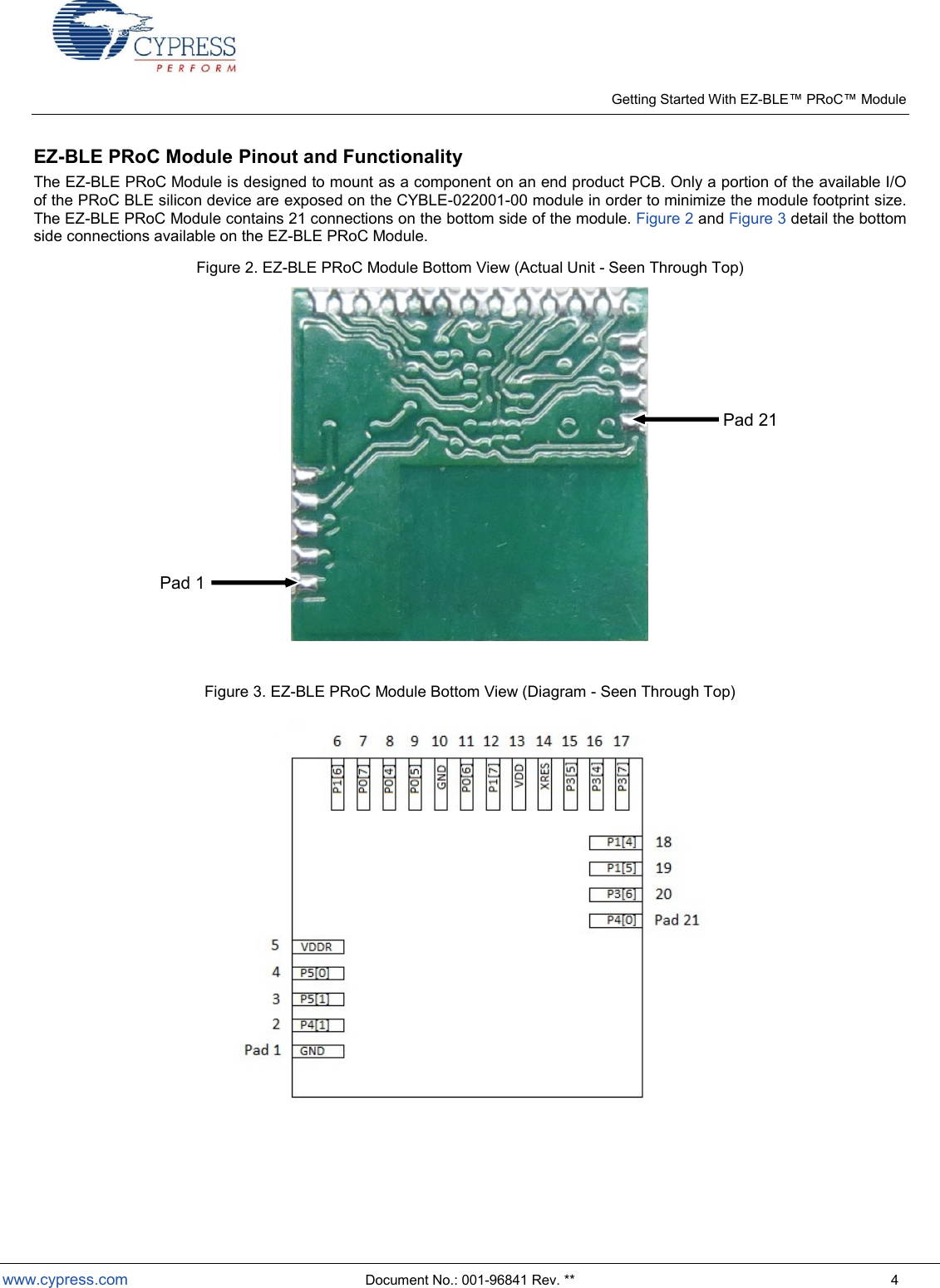    Getting Started With EZ- Module  www.cypress.com  Document No.: 001-96841 Rev. **  4 EZ-BLE PRoC Module Pinout and Functionality The EZ-BLE PRoC Module is designed to mount as a component on an end product PCB. Only a portion of the available I/O of the PRoC BLE silicon device are exposed on the CYBLE-022001-00 module in order to minimize the module footprint size. The EZ-BLE PRoC Module contains 21 connections on the bottom side of the module. Figure 2 and Figure 3 detail the bottom side connections available on the EZ-BLE PRoC Module.  Figure 2. EZ-BLE PRoC Module Bottom View (Actual Unit - Seen Through Top)   Figure 3. EZ-BLE PRoC Module Bottom View (Diagram - Seen Through Top)     Pad 1 Pad 21 