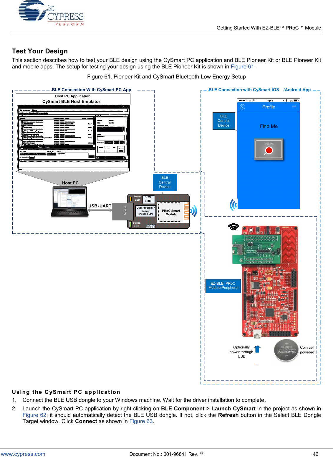   Getting Started With EZ-  www.cypress.com  Document No.: 001-96841 Rev. **  46 Test Your Design This section describes how to test your BLE design using the CySmart PC application and BLE Pioneer Kit or BLE Pioneer Kit and mobile apps. The setup for testing your design using the BLE Pioneer Kit is shown in Figure 61. Figure 61. Pioneer Kit and CySmart Bluetooth Low Energy Setup  Usi ng   t h e  C yS m a r t  P C  a p pl i c a ti o n  1.  Connect the BLE USB dongle to your Windows machine. Wait for the driver installation to complete. 2.  Launch the CySmart PC application by right-clicking on BLE Component &gt; Launch CySmart in the project as shown in Figure 62; it should automatically detect the BLE USB dongle. If not, click the  Refresh button in the Select BLE Dongle Target window. Click Connect as shown in Figure 63. CySmart BLE Host Emulator USB Program / Debug  ( PSoC  5 LP ) U S B Status  LED Power  LED 3 . 3 V LDO PRoC - Smart  Module Host PC Application Host PC USB - UART Optionally  power through  USB Coin cell  powered BLE Connection with CySmart iOS / Android App BLE Connection With CySmart PC App BLE  Central  Device BLE  Central  Device EZ-BLE  PRoC  Module Peripheral 