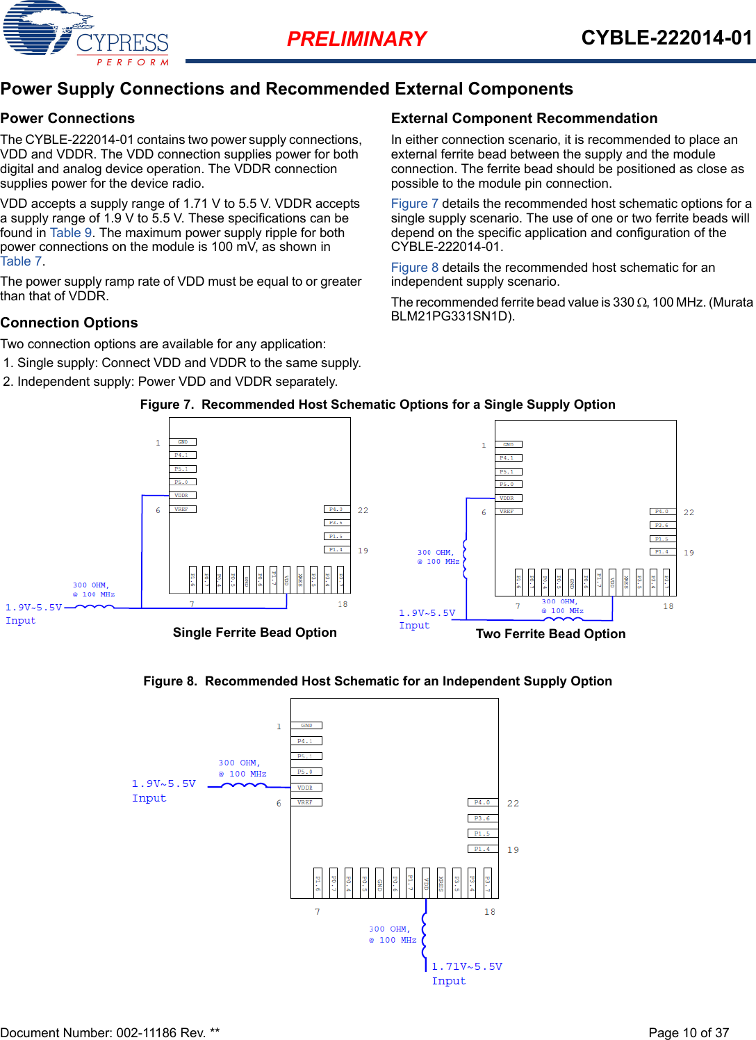 PRELIMINARY CYBLE-222014-01Document Number: 002-11186 Rev. ** Page 10 of 37Power Supply Connections and Recommended External ComponentsPower ConnectionsThe CYBLE-222014-01 contains two power supply connections, VDD and VDDR. The VDD connection supplies power for both digital and analog device operation. The VDDR connection supplies power for the device radio. VDD accepts a supply range of 1.71 V to 5.5 V. VDDR accepts a supply range of 1.9 V to 5.5 V. These specifications can be found in Table 9. The maximum power supply ripple for both power connections on the module is 100 mV, as shown in Table 7. The power supply ramp rate of VDD must be equal to or greater than that of VDDR. Connection OptionsTwo connection options are available for any application: 1. Single supply: Connect VDD and VDDR to the same supply. 2. Independent supply: Power VDD and VDDR separately. External Component RecommendationIn either connection scenario, it is recommended to place an external ferrite bead between the supply and the module connection. The ferrite bead should be positioned as close as possible to the module pin connection. Figure 7 details the recommended host schematic options for a single supply scenario. The use of one or two ferrite beads will depend on the specific application and configuration of the CYBLE-222014-01.Figure 8 details the recommended host schematic for an independent supply scenario. The recommended ferrite bead value is 330 , 100 MHz. (Murata BLM21PG331SN1D).Figure 7.  Recommended Host Schematic Options for a Single Supply OptionFigure 8.  Recommended Host Schematic for an Independent Supply OptionTwo Ferrite Bead OptionSingle Ferrite Bead Option