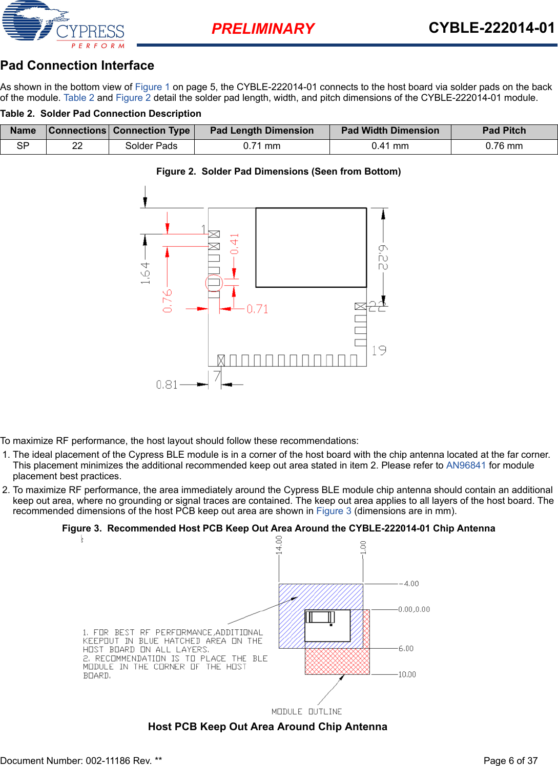 PRELIMINARY CYBLE-222014-01Document Number: 002-11186 Rev. ** Page 6 of 37Pad Connection InterfaceAs shown in the bottom view of Figure 1 on page 5, the CYBLE-222014-01 connects to the host board via solder pads on the back of the module. Tab le 2 and Figure 2 detail the solder pad length, width, and pitch dimensions of the CYBLE-222014-01 module. Figure 2.  Solder Pad Dimensions (Seen from Bottom)To maximize RF performance, the host layout should follow these recommendations:1. The ideal placement of the Cypress BLE module is in a corner of the host board with the chip antenna located at the far corner. This placement minimizes the additional recommended keep out area stated in item 2. Please refer to AN96841 for module placement best practices. 2. To maximize RF performance, the area immediately around the Cypress BLE module chip antenna should contain an additional keep out area, where no grounding or signal traces are contained. The keep out area applies to all layers of the host board. The recommended dimensions of the host PCB keep out area are shown in Figure 3 (dimensions are in mm). Figure 3.  Recommended Host PCB Keep Out Area Around the CYBLE-222014-01 Chip AntennaTable 2. Solder Pad Connection DescriptionName Connections Connection Type Pad Length Dimension Pad Width Dimension Pad PitchSP 22 Solder Pads 0.71 mm 0.41 mm 0.76 mmHost PCB Keep Out Area Around Chip Antenna