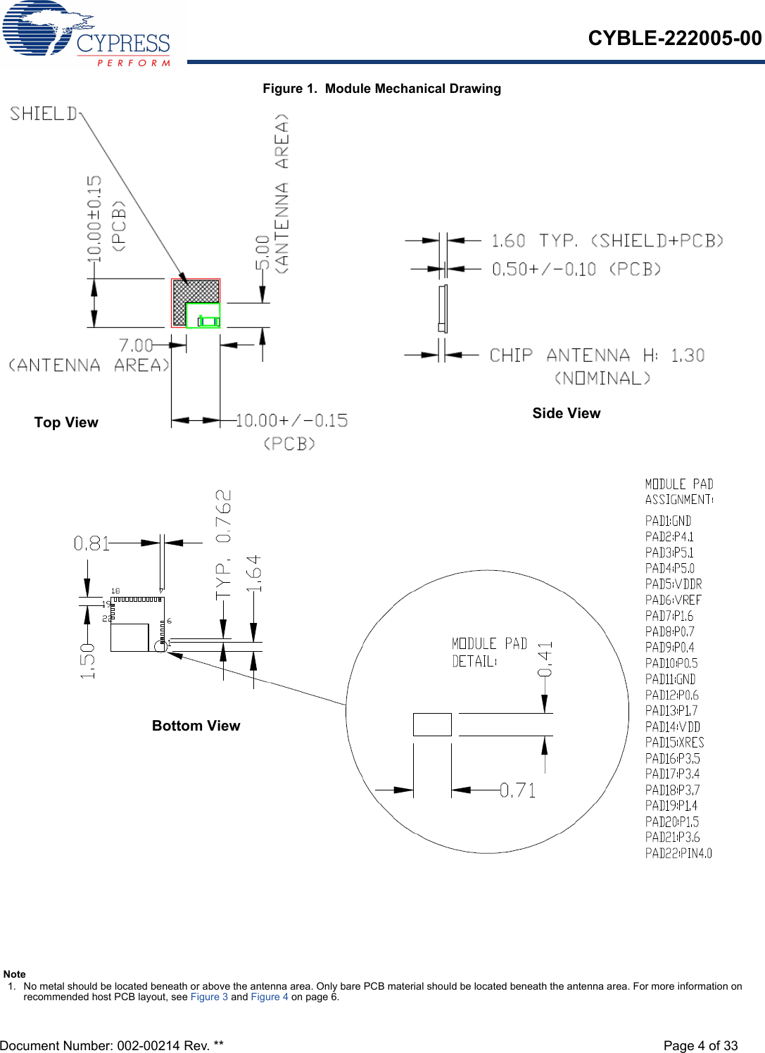 CYBLE-222005-00Document Number: 002-00214 Rev. ** Page 4 of 33Figure 1.  Module Mechanical DrawingTop View Side ViewBottom ViewNote1. No metal should be located beneath or above the antenna area. Only bare PCB material should be located beneath the antenna area. For more information on recommended host PCB layout, see Figure 3 and Figure 4 on page 6.