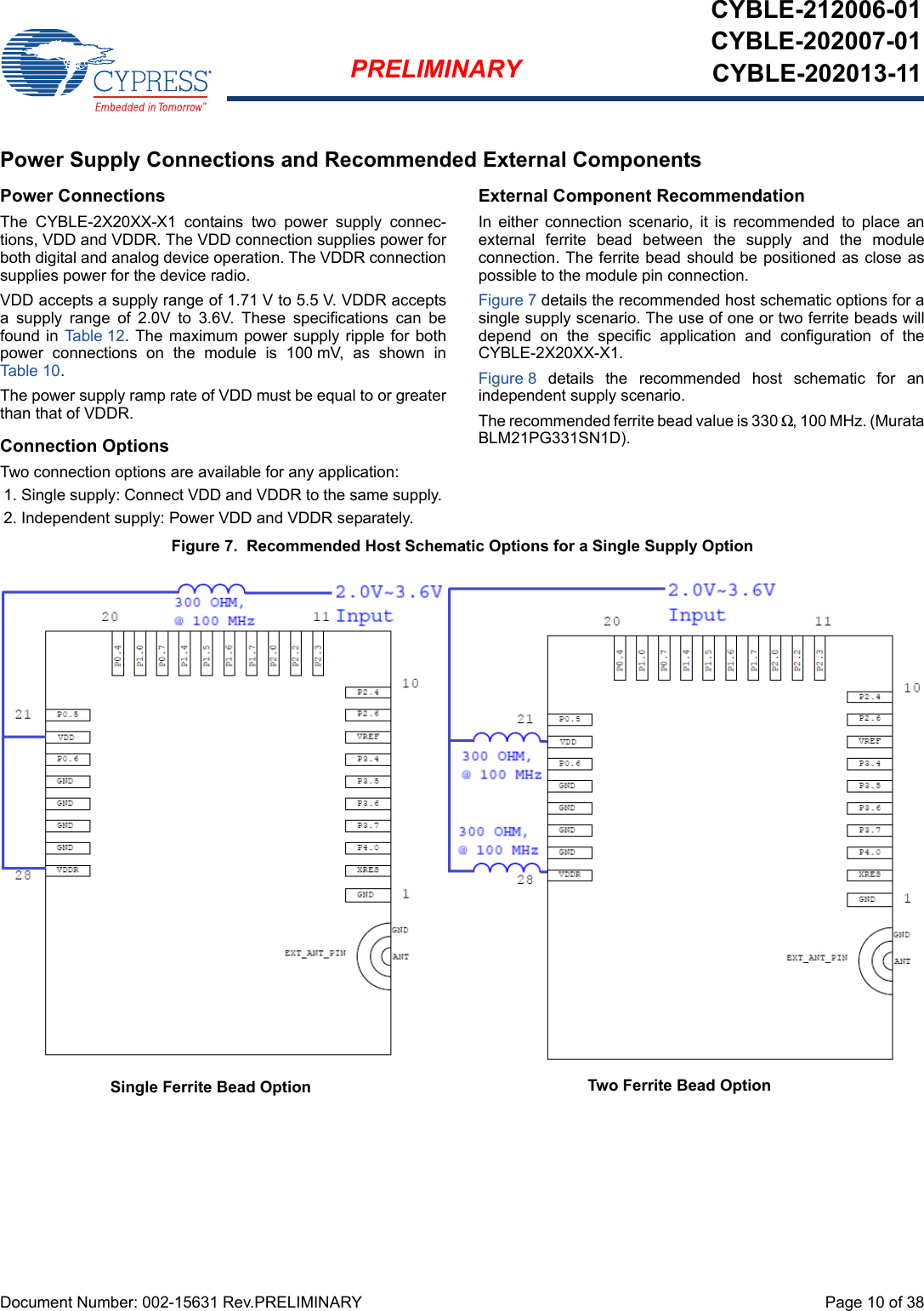 Document Number: 002-15631 Rev.PRELIMINARY  Page 10 of 38PRELIMINARYCYBLE-212006-01CYBLE-202007-01CYBLE-202013-11Power Supply Connections and Recommended External ComponentsPower ConnectionsThe  CYBLE-2X20XX-X1  contains  two  power  supply  connec-tions, VDD and VDDR. The VDD connection supplies power forboth digital and analog device operation. The VDDR connectionsupplies power for the device radio. VDD accepts a supply range of 1.71 V to 5.5 V. VDDR acceptsa  supply  range  of  2.0V  to  3.6V.  These  specifications  can  befound in Table 12 . The maximum power supply  ripple for bothpower  connections  on  the  module  is  100 mV,  as  shown  inTable 10. The power supply ramp rate of VDD must be equal to or greaterthan that of VDDR. Connection OptionsTwo connection options are available for any application: 1. Single supply: Connect VDD and VDDR to the same supply. 2. Independent supply: Power VDD and VDDR separately. External Component RecommendationIn  either  connection  scenario,  it  is  recommended  to  place  anexternal  ferrite  bead  between  the  supply  and  the  moduleconnection. The ferrite bead should be positioned as close aspossible to the module pin connection. Figure 7 details the recommended host schematic options for asingle supply scenario. The use of one or two ferrite beads willdepend  on  the  specific  application  and  configuration  of  theCYBLE-2X20XX-X1.Figure 8  details  the  recommended  host  schematic  for  anindependent supply scenario. The recommended ferrite bead value is 330 Ω, 100 MHz. (MurataBLM21PG331SN1D).Figure 7.  Recommended Host Schematic Options for a Single Supply OptionTwo Ferrite Bead OptionSingle Ferrite Bead Option