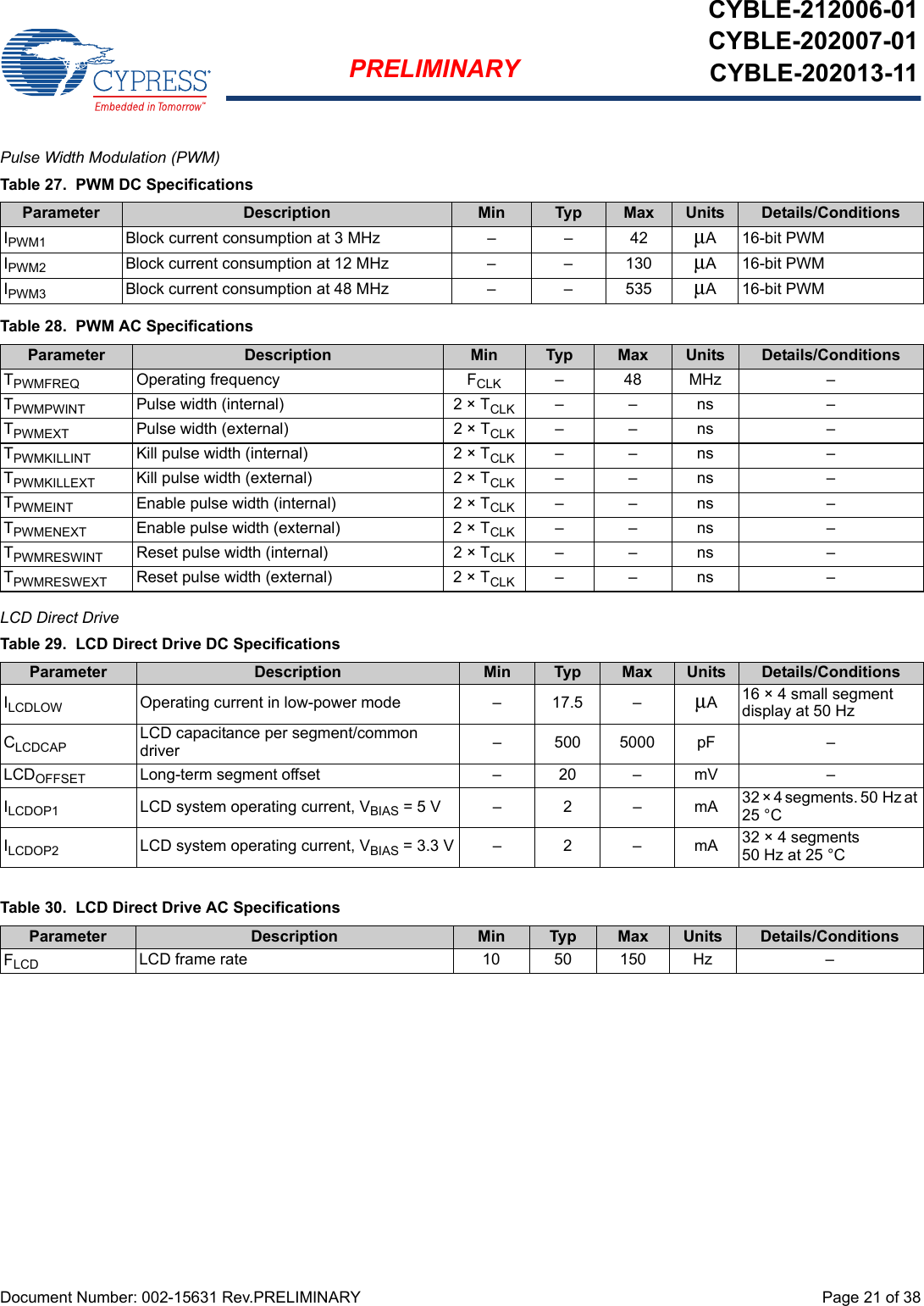 Document Number: 002-15631 Rev.PRELIMINARY  Page 21 of 38PRELIMINARYCYBLE-212006-01CYBLE-202007-01CYBLE-202013-11Pulse Width Modulation (PWM)  LCD Direct Drive    Table 27.  PWM DC SpecificationsParameter Description Min Typ Max Units Details/ConditionsIPWM1 Block current consumption at 3 MHz – – 42 μA 16-bit PWMIPWM2 Block current consumption at 12 MHz – – 130 μA 16-bit PWMIPWM3 Block current consumption at 48 MHz – – 535 μA 16-bit PWMTable 28.  PWM AC SpecificationsParameter Description Min Typ Max Units Details/ConditionsTPWMFREQ Operating frequency FCLK –48MHz –TPWMPWINT Pulse width (internal) 2 × TCLK ––ns –TPWMEXT Pulse width (external) 2 × TCLK ––ns –TPWMKILLINT Kill pulse width (internal) 2 × TCLK ––ns –TPWMKILLEXT Kill pulse width (external) 2 × TCLK ––ns –TPWMEINT Enable pulse width (internal) 2 × TCLK ––ns –TPWMENEXT Enable pulse width (external) 2 × TCLK ––ns –TPWMRESWINT Reset pulse width (internal) 2 × TCLK ––ns –TPWMRESWEXT Reset pulse width (external) 2 × TCLK ––ns –Table 29.  LCD Direct Drive DC SpecificationsParameter Description Min Typ Max Units Details/ConditionsILCDLOW Operating current in low-power mode – 17.5 – μA16 × 4 small segment display at 50 HzCLCDCAP LCD capacitance per segment/common driver – 500 5000 pF –LCDOFFSET Long-term segment offset – 20 – mV –ILCDOP1 LCD system operating current, VBIAS = 5 V  – 2 – mA 3 2 ×  4 se gm en ts . 5 0 H z a t 25 °CILCDOP2 LCD system operating current, VBIAS = 3.3 V – 2 – mA 32 × 4 segments50 Hz at 25 °CTable 30.  LCD Direct Drive AC SpecificationsParameter Description Min Typ Max Units Details/ConditionsFLCD LCD frame rate 10 50 150 Hz –