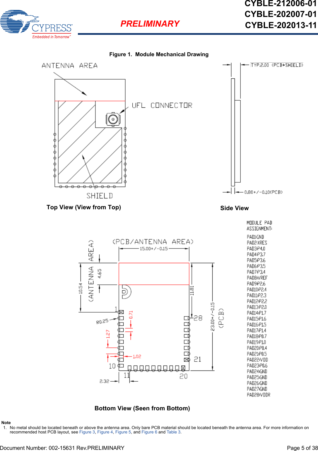 Document Number: 002-15631 Rev.PRELIMINARY  Page 5 of 38PRELIMINARYCYBLE-212006-01CYBLE-202007-01CYBLE-202013-11Figure 1.  Module Mechanical DrawingTop View (View from Top)Bottom View (Seen from Bottom)Side ViewNote1. No metal should be located beneath or above the antenna area. Only bare PCB material should be located beneath the antenna area. For more information on recommended host PCB layout, see Figure 3, Figure 4, Figure 5, and Figure 6 and Ta ble 3.