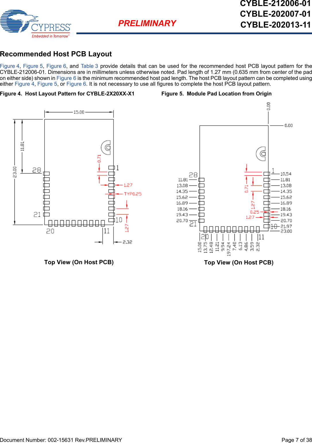 Document Number: 002-15631 Rev.PRELIMINARY  Page 7 of 38PRELIMINARYCYBLE-212006-01CYBLE-202007-01CYBLE-202013-11Recommended Host PCB LayoutFigure 4, Figure 5, Figure 6, and Table 3  provide  details  that can  be  used for the recommended host  PCB layout pattern for theCYBLE-212006-01. Dimensions are in millimeters unless otherwise noted. Pad length of 1.27 mm (0.635 mm from center of the padon either side) shown in Figure 6 is the minimum recommended host pad length. The host PCB layout pattern can be completed usingeither Figure 4, Figure 5, or Figure 6. It is not necessary to use all figures to complete the host PCB layout pattern. Figure 4.  Host Layout Pattern for CYBLE-2X20XX-X1 Figure 5.  Module Pad Location from OriginTop View (On Host PCB)Top View (On Host PCB)